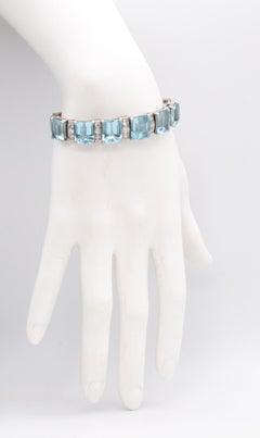 Waslikoff and Sons Art Deco 1940 Platinum Bracelet 42.84 Ctw Diamonds Aquamarine