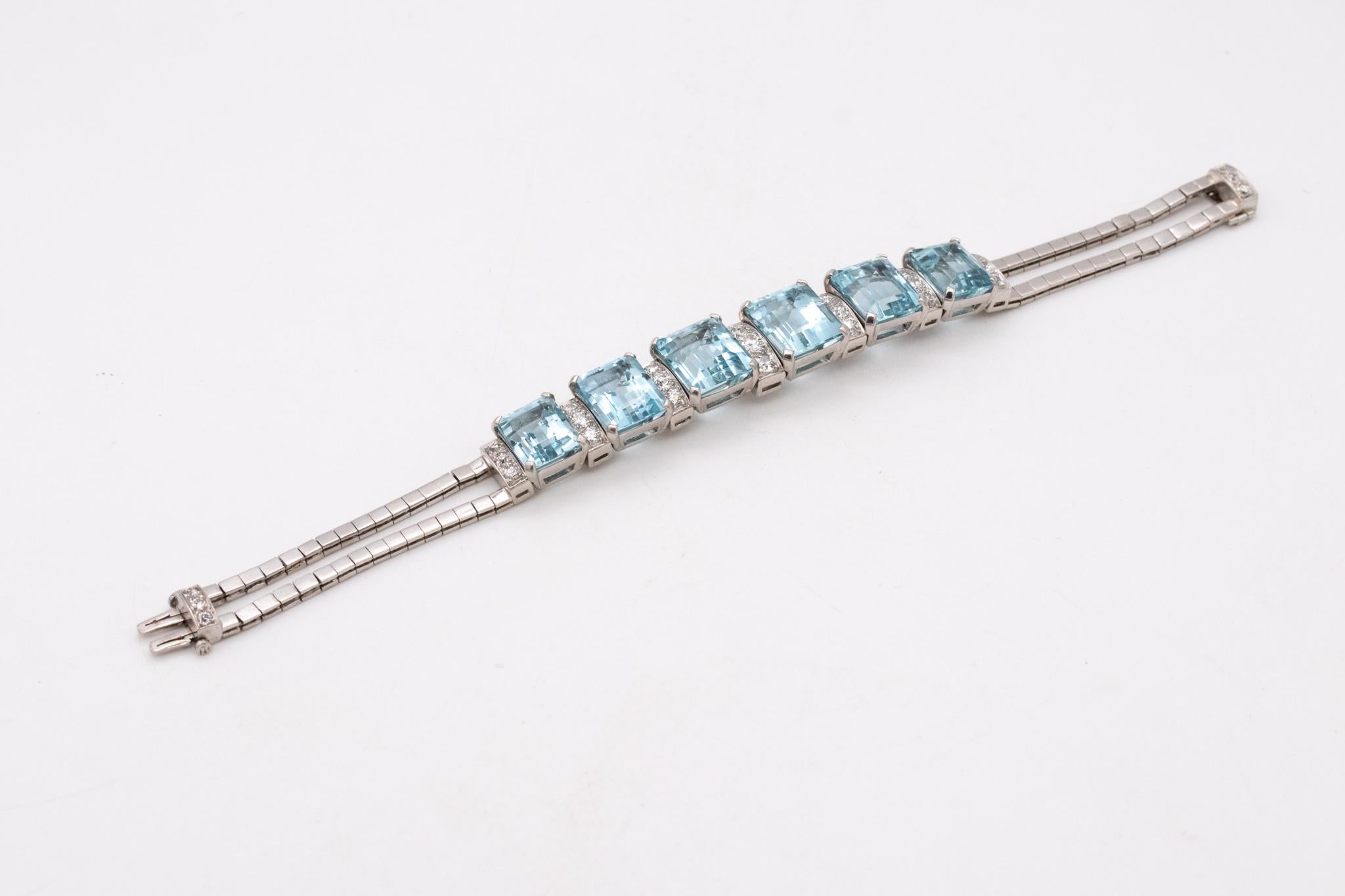 Mixed Cut Waslikoff and Sons Art Deco 1940 Platinum Bracelet 42.84 Ctw Diamonds Aquamarine For Sale