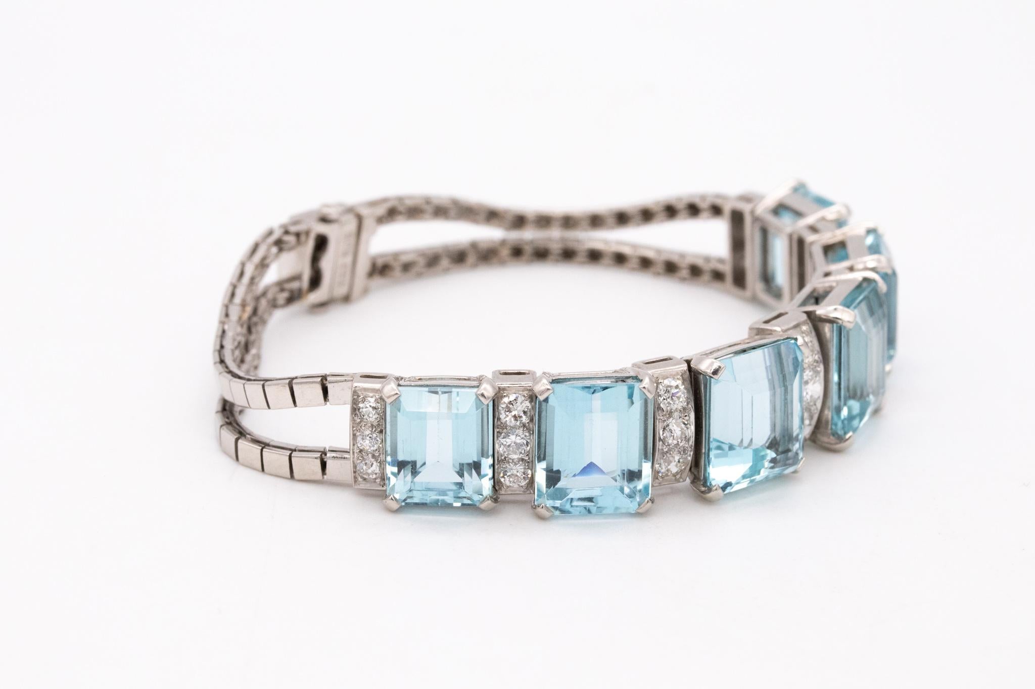 Women's Waslikoff and Sons Art Deco 1940 Platinum Bracelet 42.84 Ctw Diamonds Aquamarine For Sale