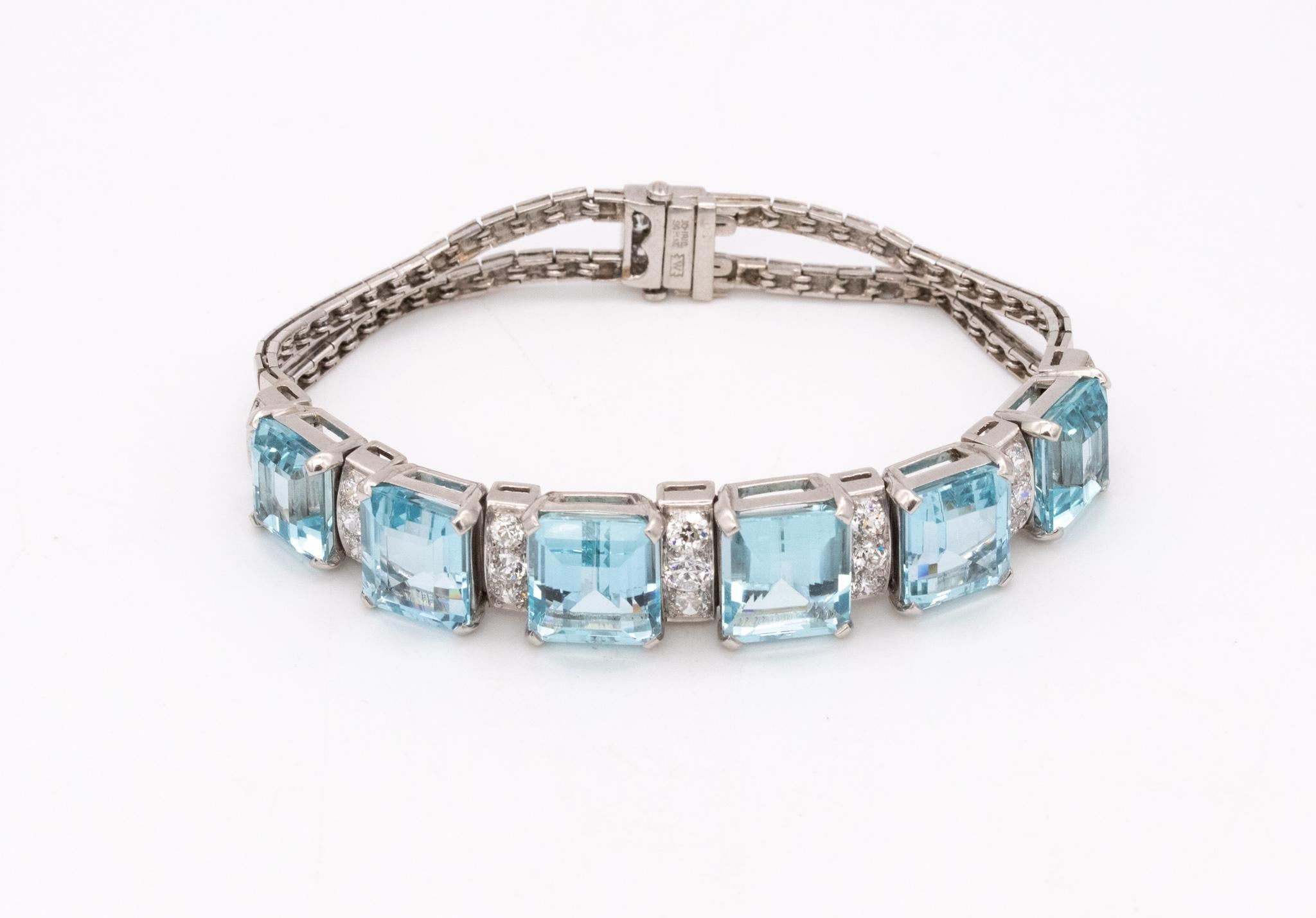 Waslikoff and Sons Art Deco 1940 Platinum Bracelet 42.84 Ctw Diamonds Aquamarine For Sale 2