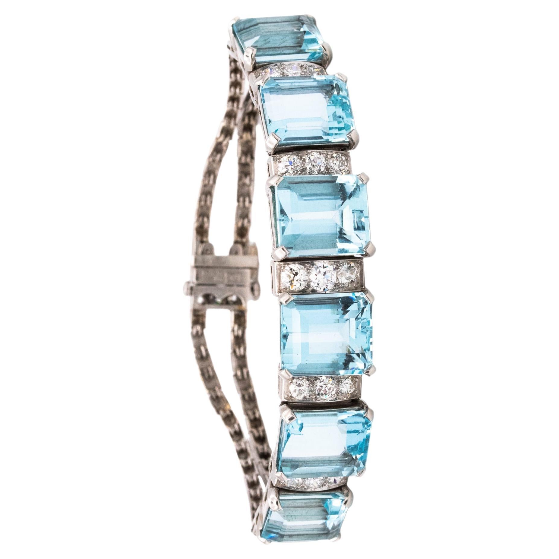 Waslikoff and Sons Art Deco 1940 Platinum Bracelet 42.84 Ctw Diamonds Aquamarine For Sale