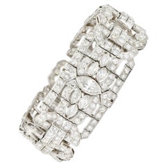 Vintage Waslikoff Art Deco 19.10 Ctw Marquise Cut Diamond Platinum Wide Strap Bracelet