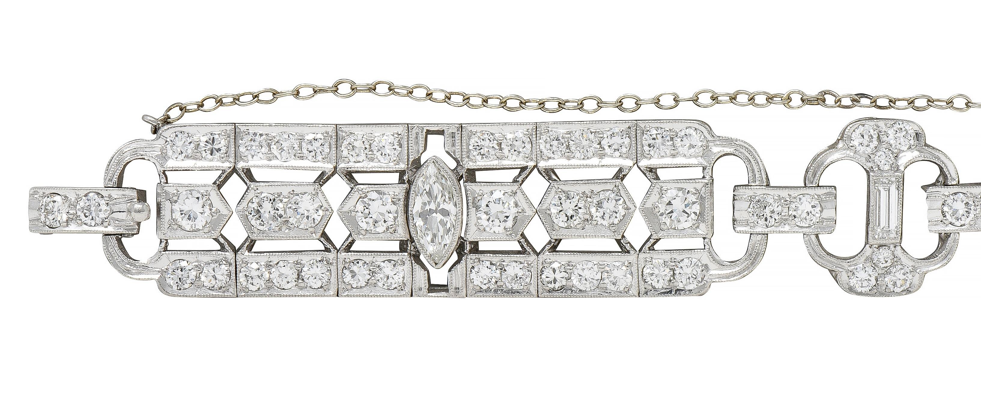 Waslikoff Pulsera Art Decó 9.45 CTW Diamante Platino Línea Geométrica Vintage Corte marquesa en venta