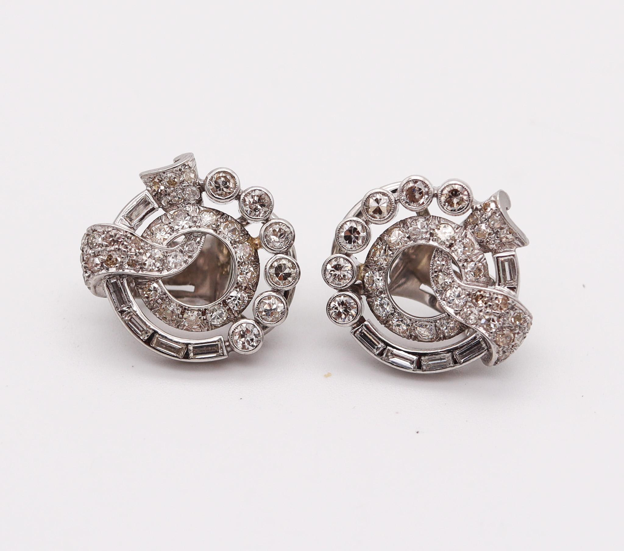 Art Deco WASLIKOFF & SONS 1930 Deco Clips Earrings In Platinum With 4.18 Ctw In Diamonds For Sale