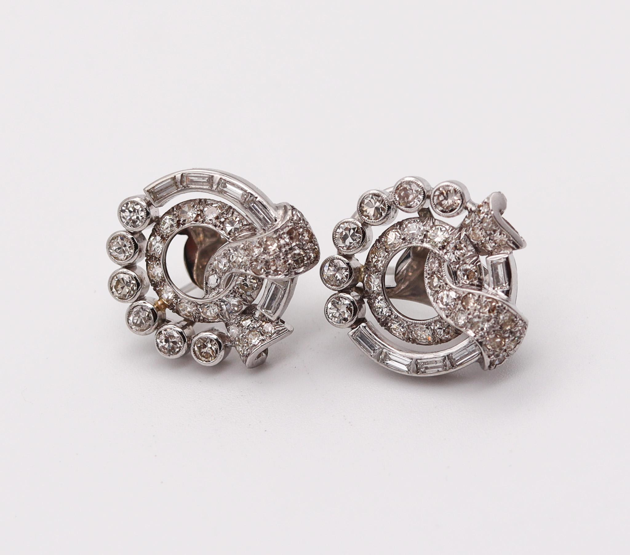Old European Cut WASLIKOFF & SONS 1930 Deco Clips Earrings In Platinum With 4.18 Ctw In Diamonds For Sale