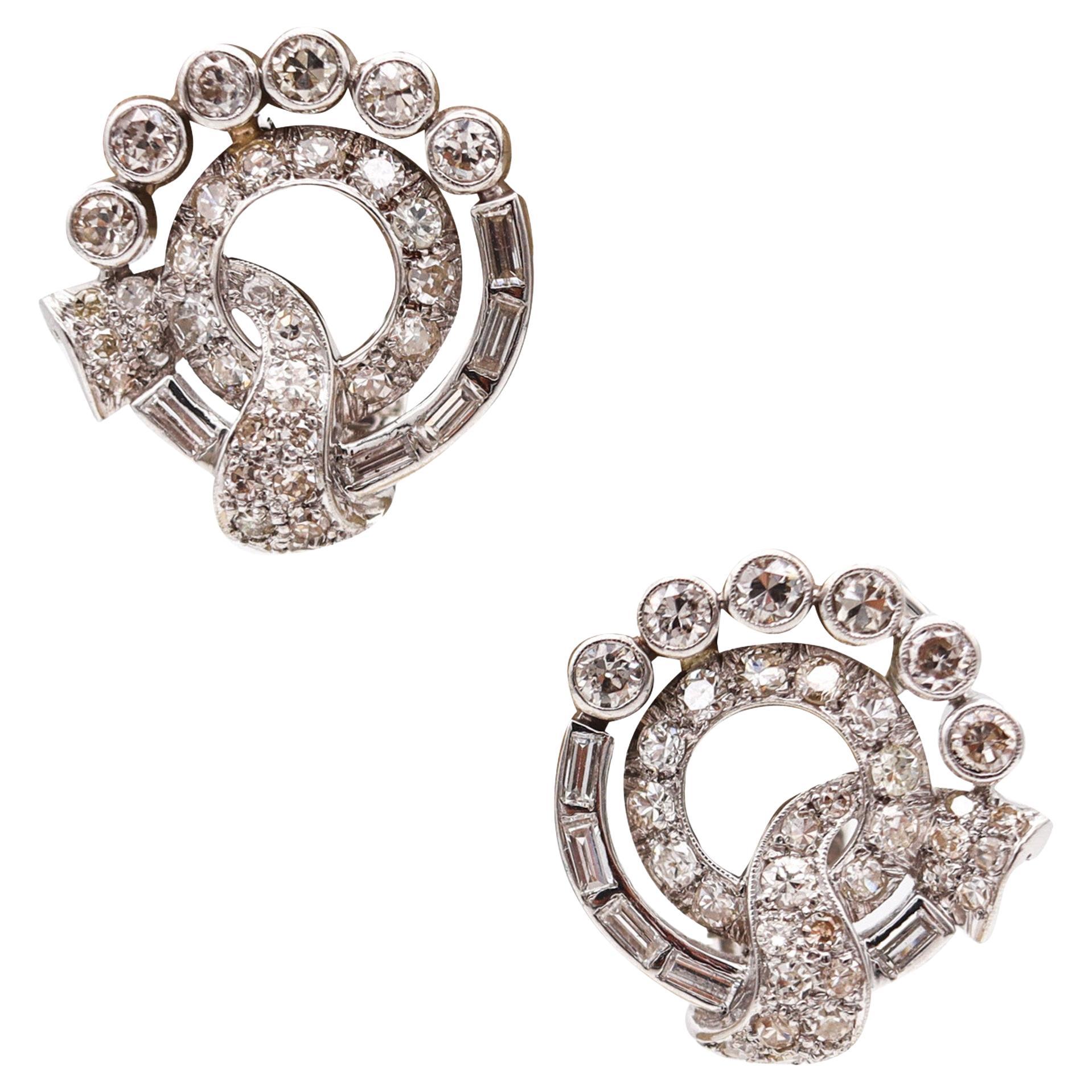 WASLIKOFF & SONS 1930 Deco Clips Earrings In Platinum With 4.18 Ctw In Diamonds For Sale