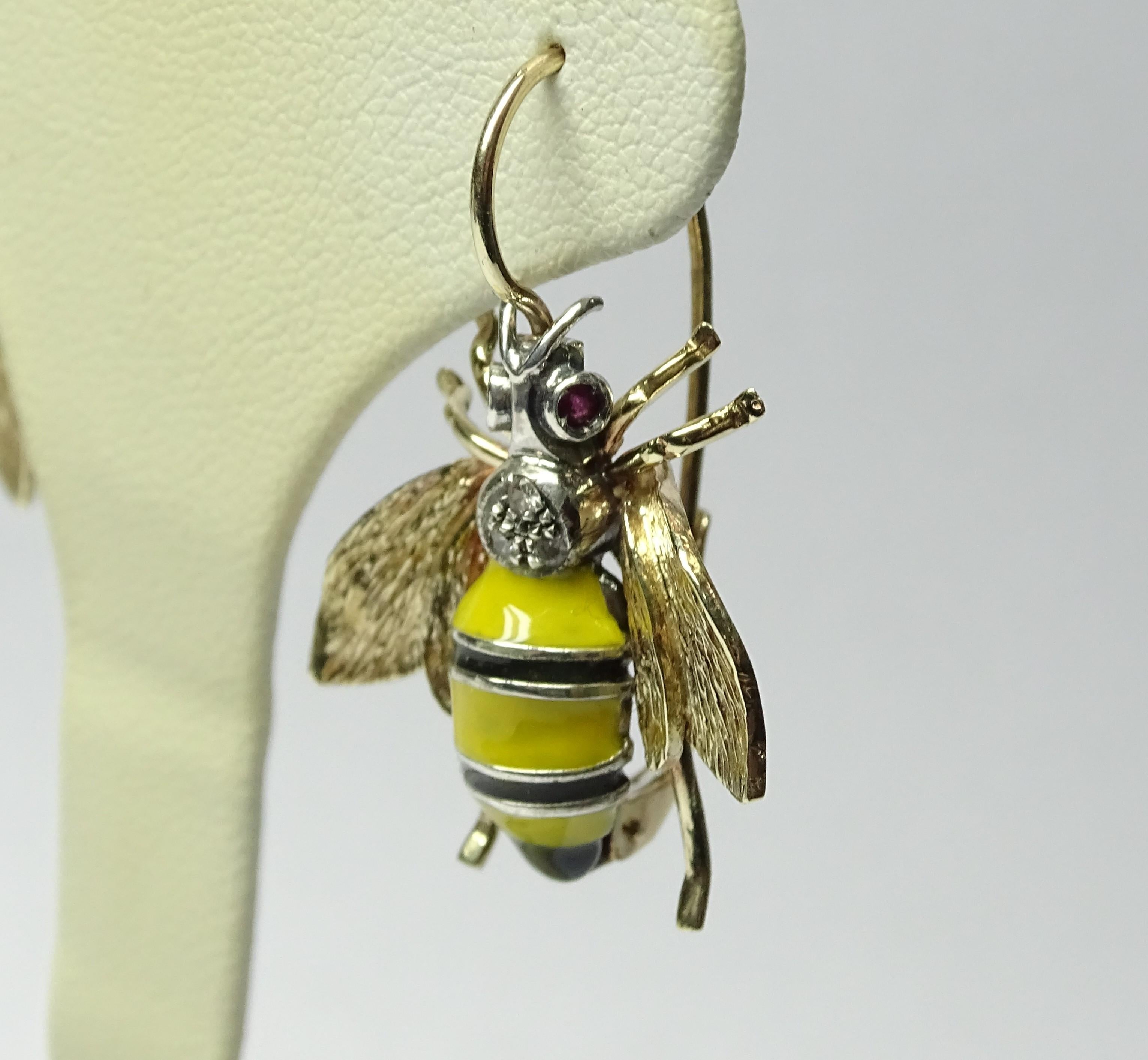 Women's or Men's Wasp Yellow Black Enamel Ruby Round Cut White Diamond Yellow Gold Earrings For Sale