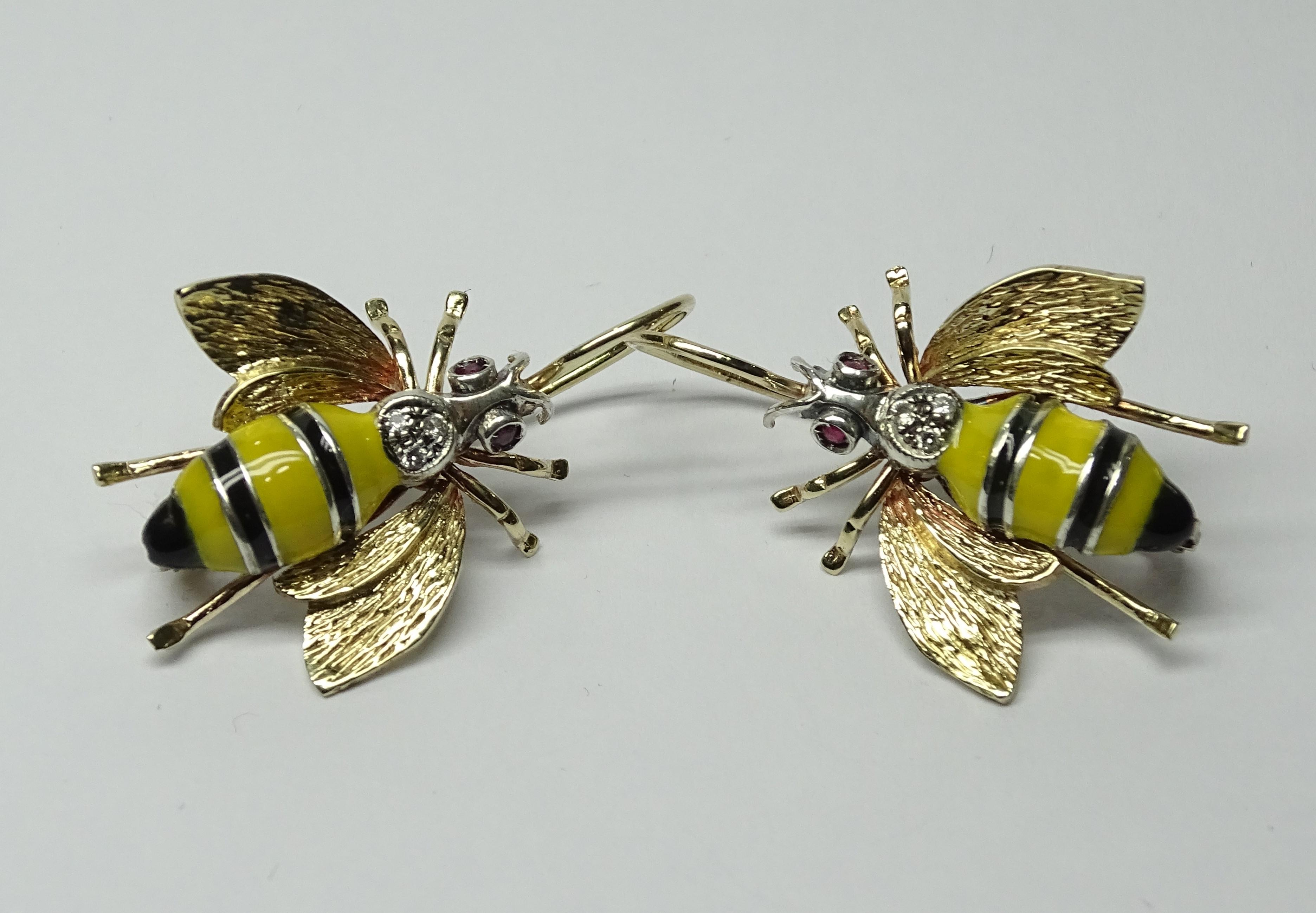 Wasp Yellow Black Enamel Ruby Round Cut White Diamond Yellow Gold Earrings For Sale 1