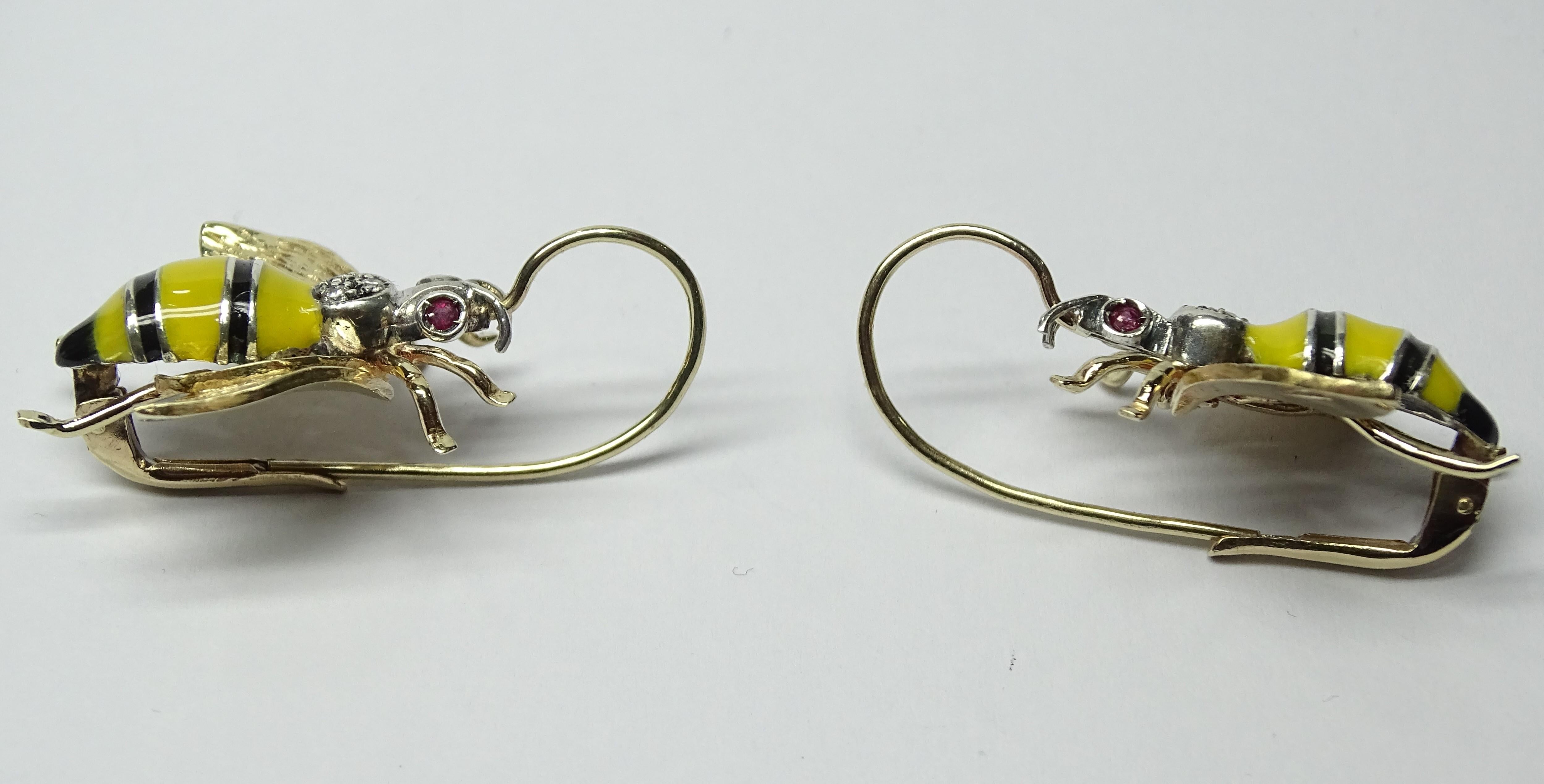 Wasp Yellow Black Enamel Ruby Round Cut White Diamond Yellow Gold Earrings For Sale 2