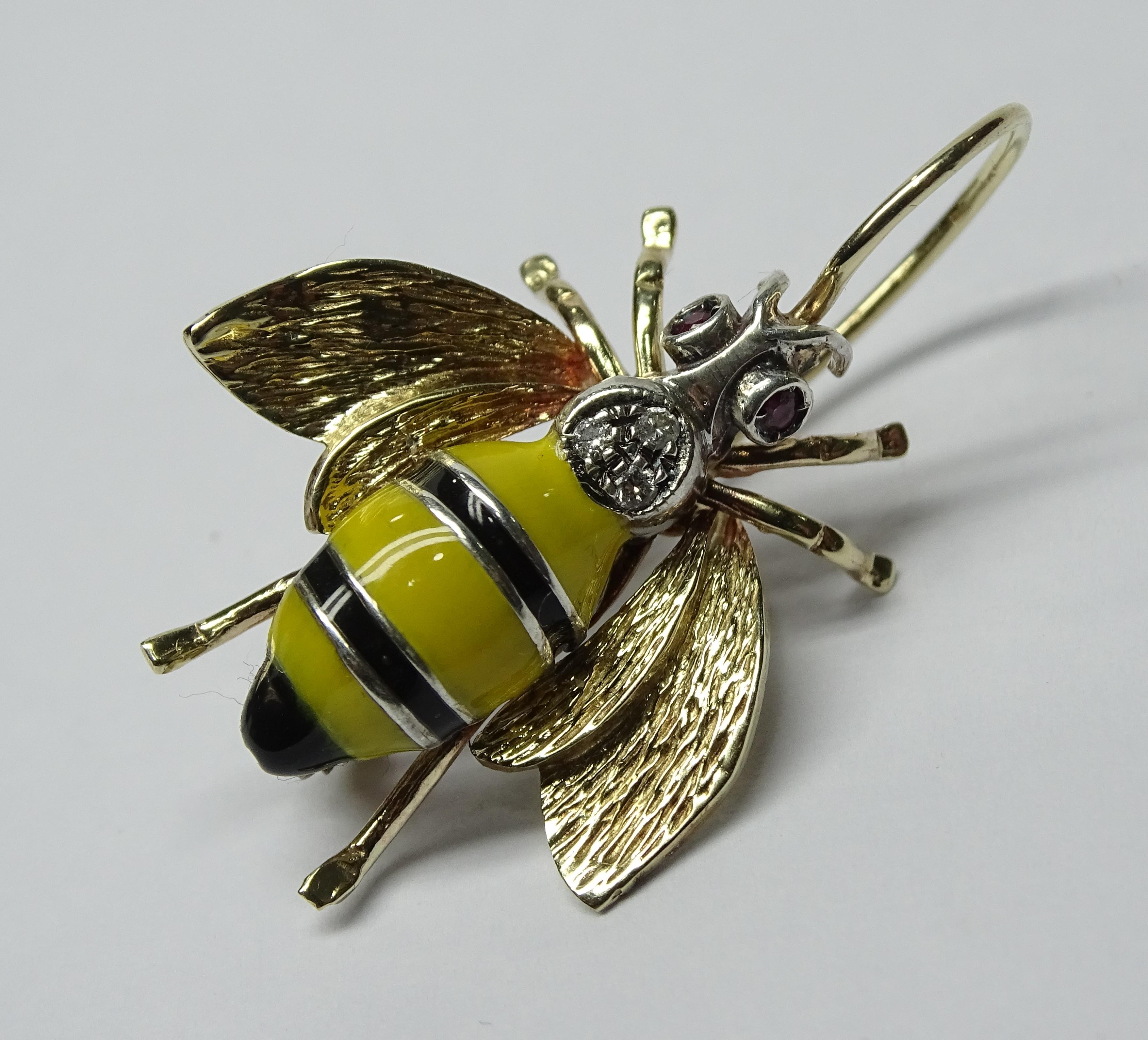 Wasp Yellow Black Enamel Ruby Round Cut White Diamond Yellow Gold Earrings For Sale 3