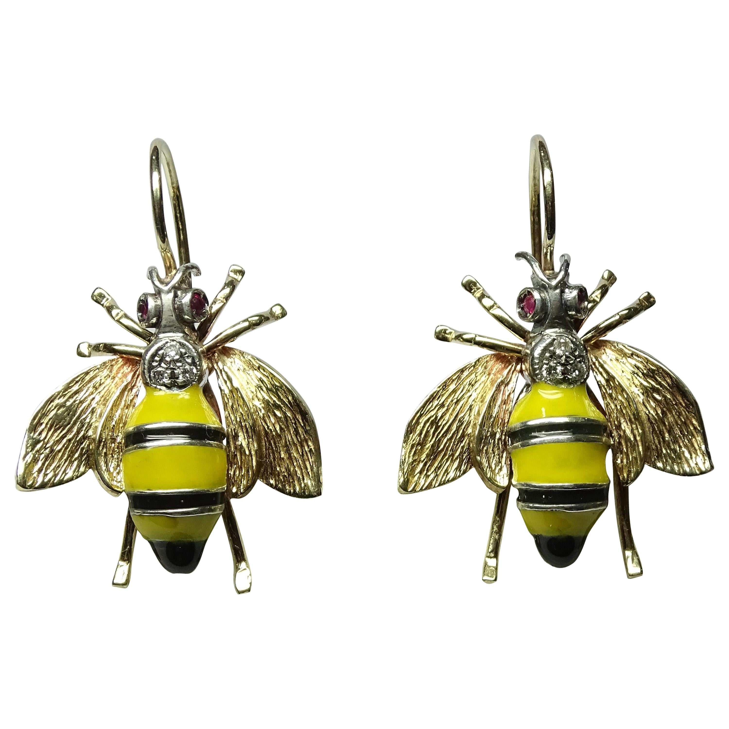 Wasp Yellow Black Enamel Ruby Round Cut White Diamond Yellow Gold Earrings For Sale