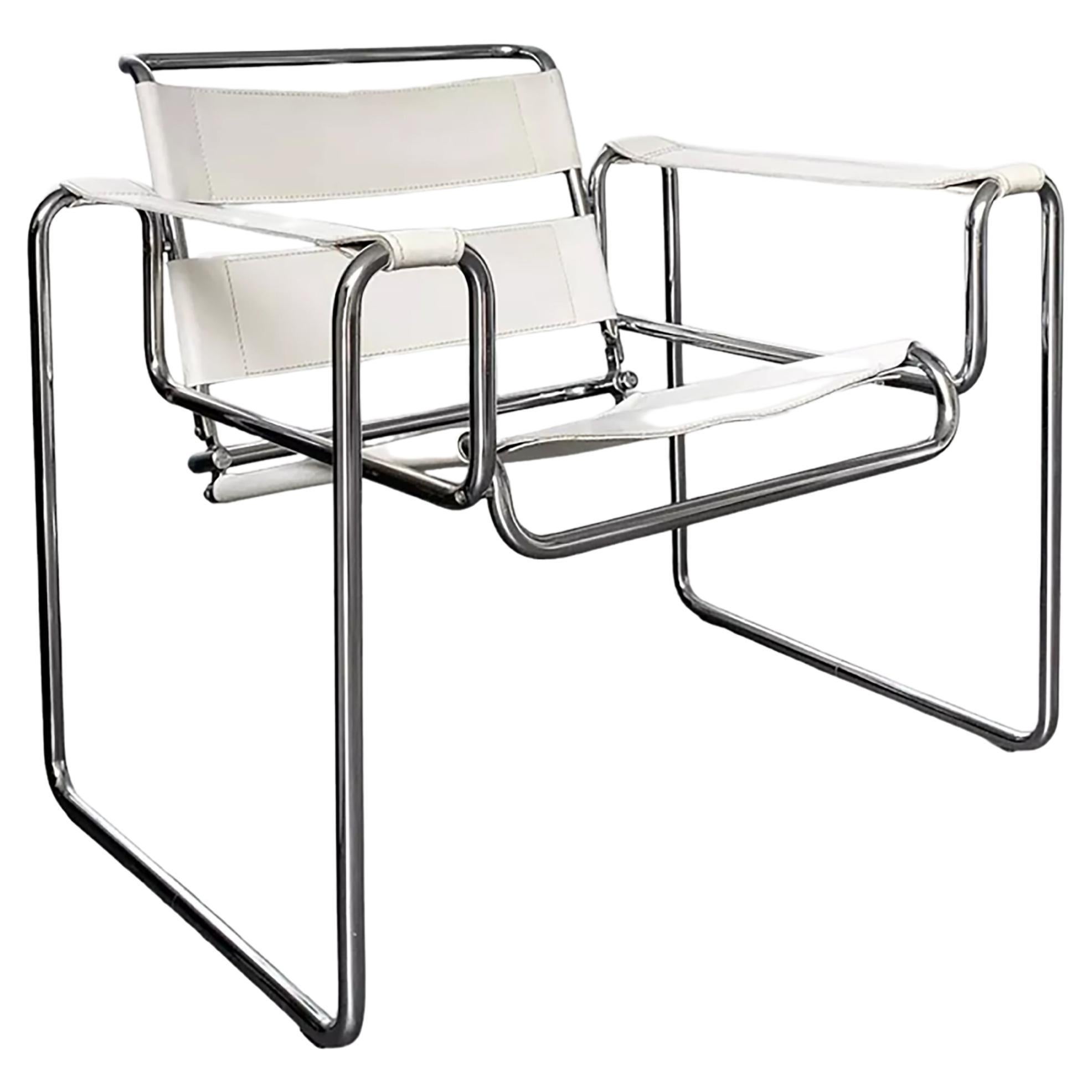 Wassily B3 armchair by Marcel Breuer, white leather, Italy 1980s For Sale