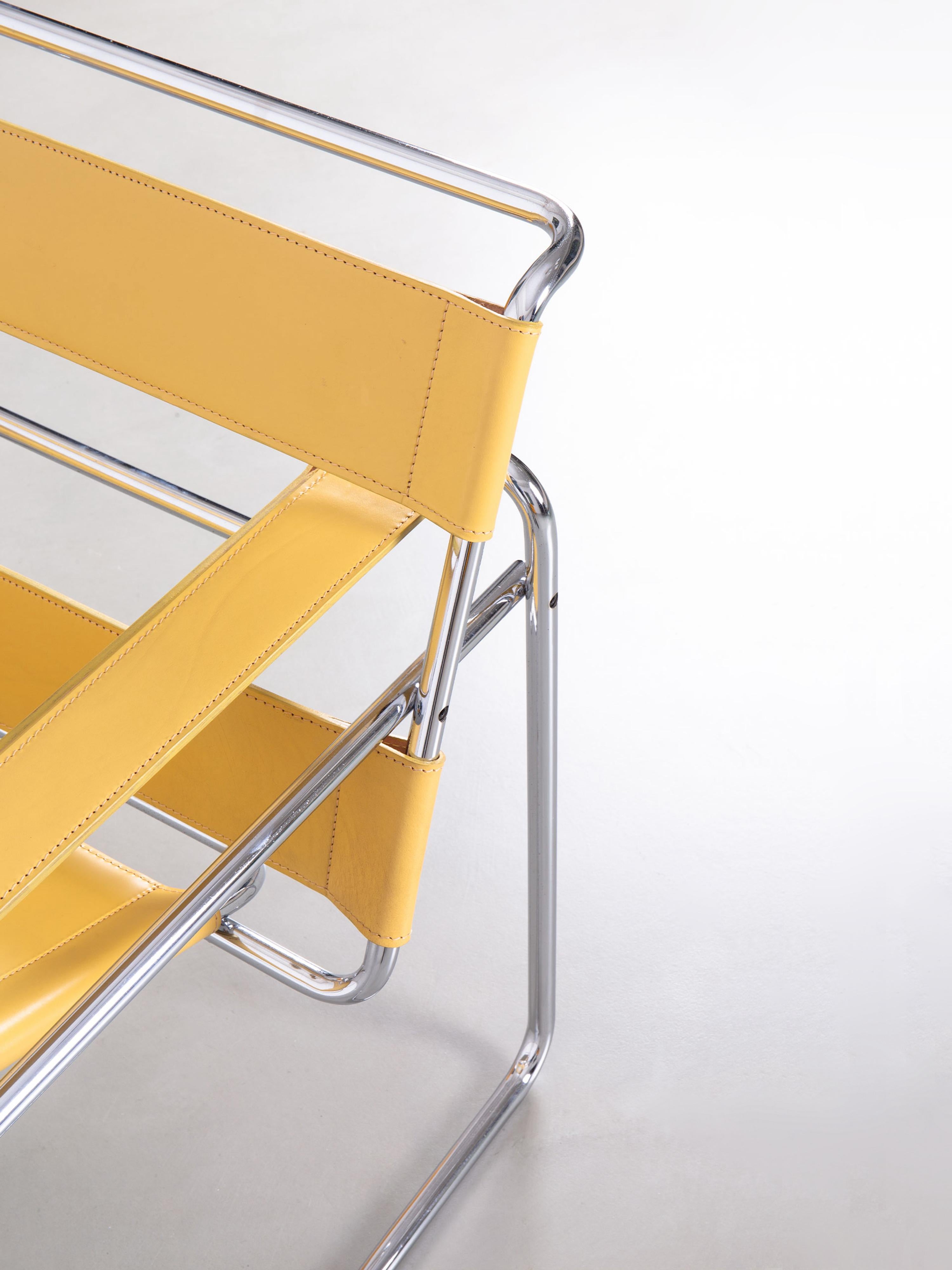 Steel Wassily Chair by Marcel Breuer Upholstery in Yellow Leather For Sale