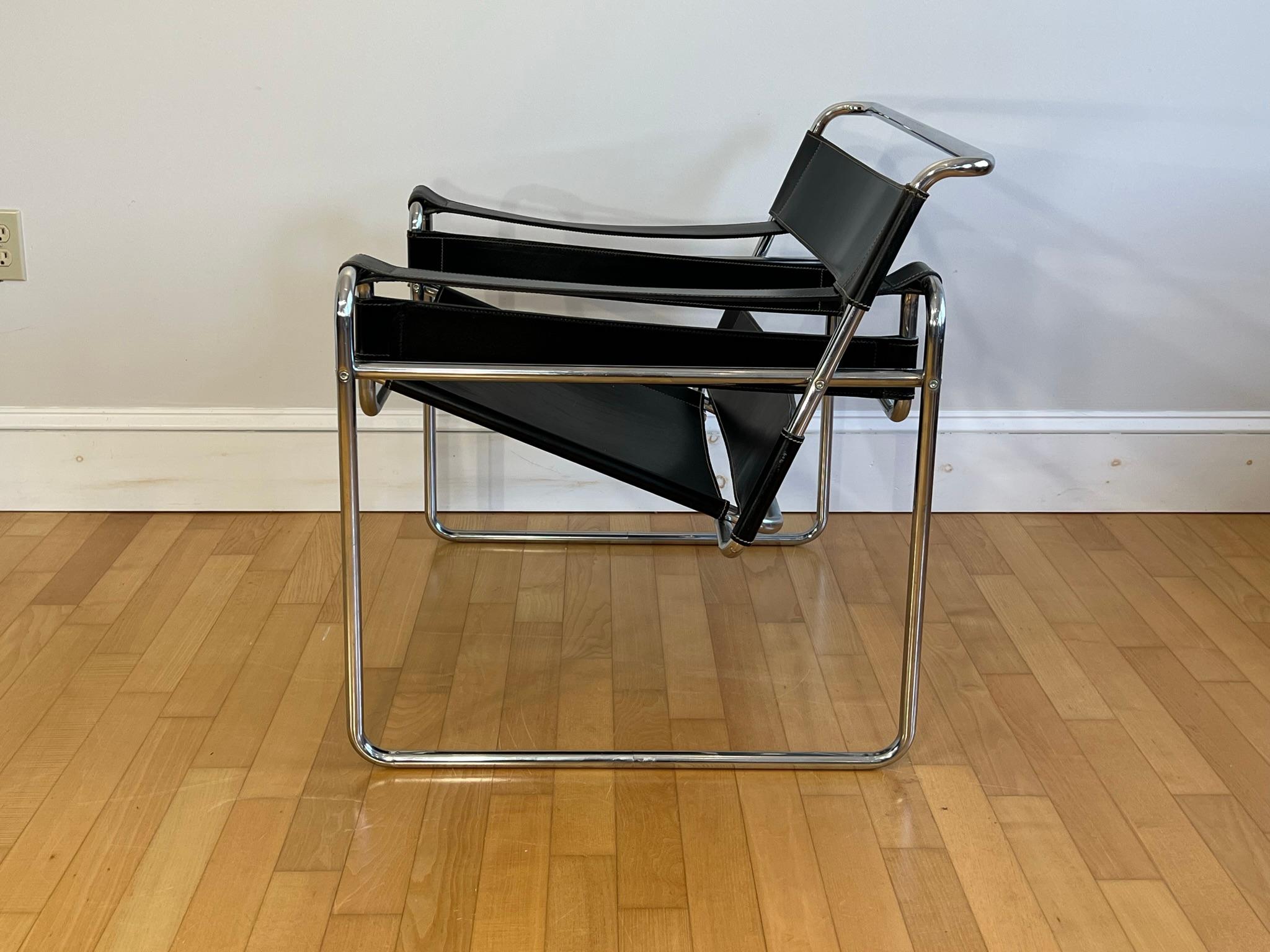 The Wassily chair, also known as the B3 Chair, designed by Marcel Breuer in 1925 while he was working at the Bauhaus. 

Inspired by the curving handlebars of the Adler bicycle, the Wassily’s chrome-finished tubular steel frame is seamless in its
