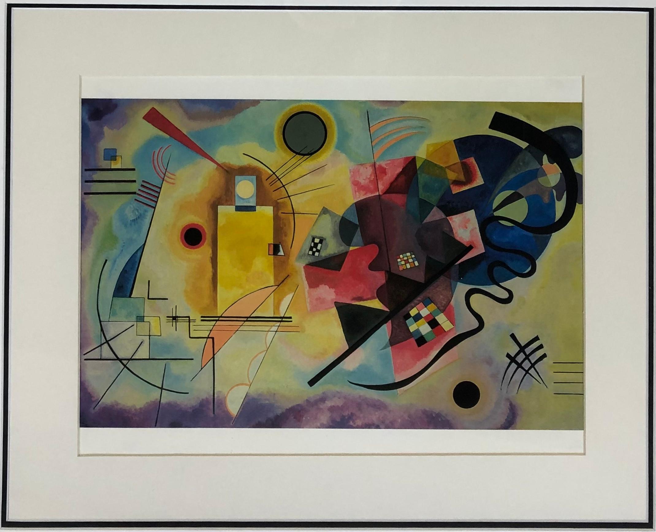 Wassily Kandinsky print. 
Titled: Yellow-Red-Blue, originally painted in 1925, harmonious and perfect form among geometrical shapes.

This is a cut-out from the 1990 edition published in, “Homage to Wassily Kandinsky”, by 
Publisher: Benedikt