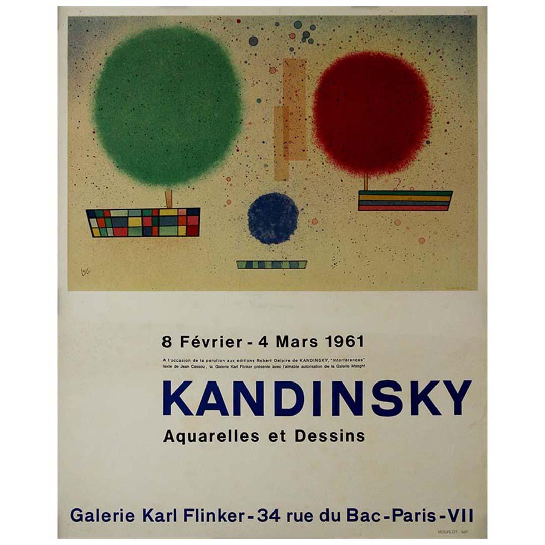 1961 wurde die Galerie Karl Flinker zu einem pulsierenden Zentrum der künstlerischen Entdeckungen, als sie die Besucher zu einer außergewöhnlichen Ausstellung mit den visionären Werken von Wassily Kandinsky begrüßte. Dieses Originalplakat, das zur