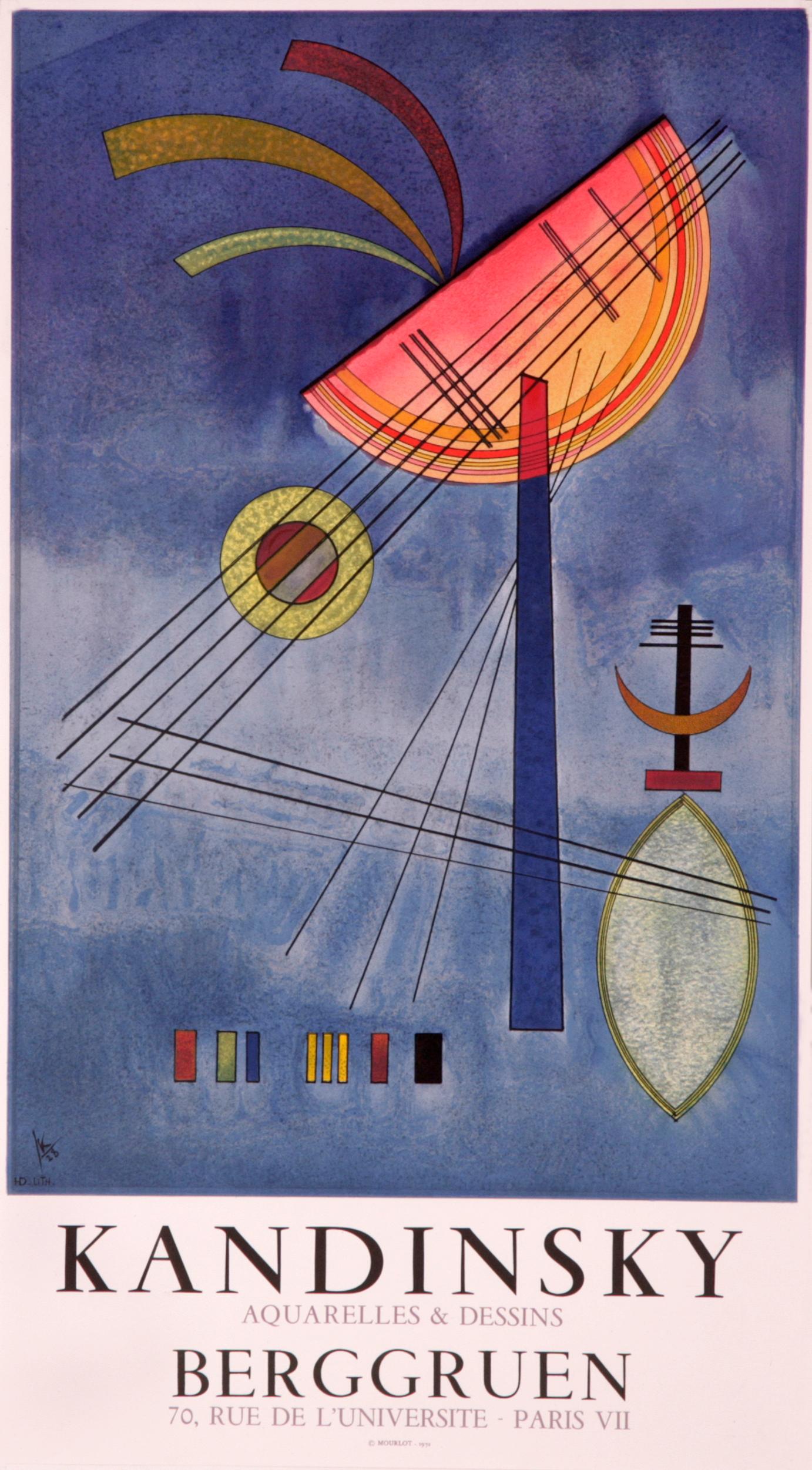 This colorful modern lithographic poster by Wassily Kandinsky was printed in 1972 at the Atelier Mourlot in Paris to promote an exhibition of his watercolors and drawings at the Galerie Berggruen in Paris. 

Certificate of Provenance: 
Each