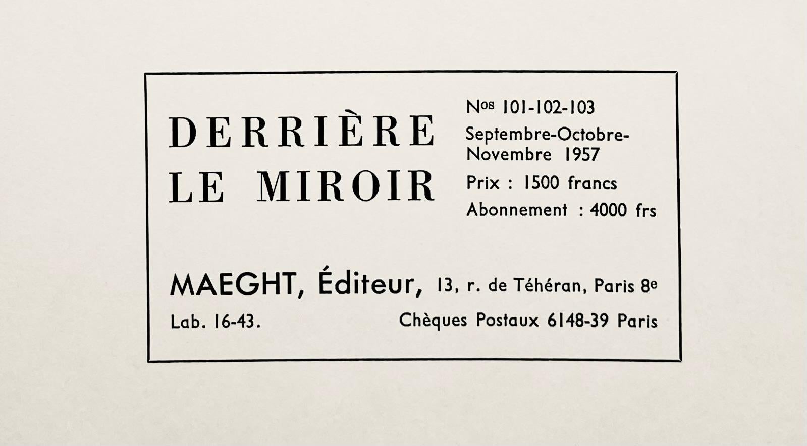 Litografía sobre papel vélin. Tamaño del papel: 15 x 11 pulgadas. Inscripción: Firmada en la plancha y sin numerar, tal como se emitió. Notas: Del folio, Derrière le miroir, nº 101-103, 1957. Publicado por Aimé Maeght, Éditeur, París; impreso por