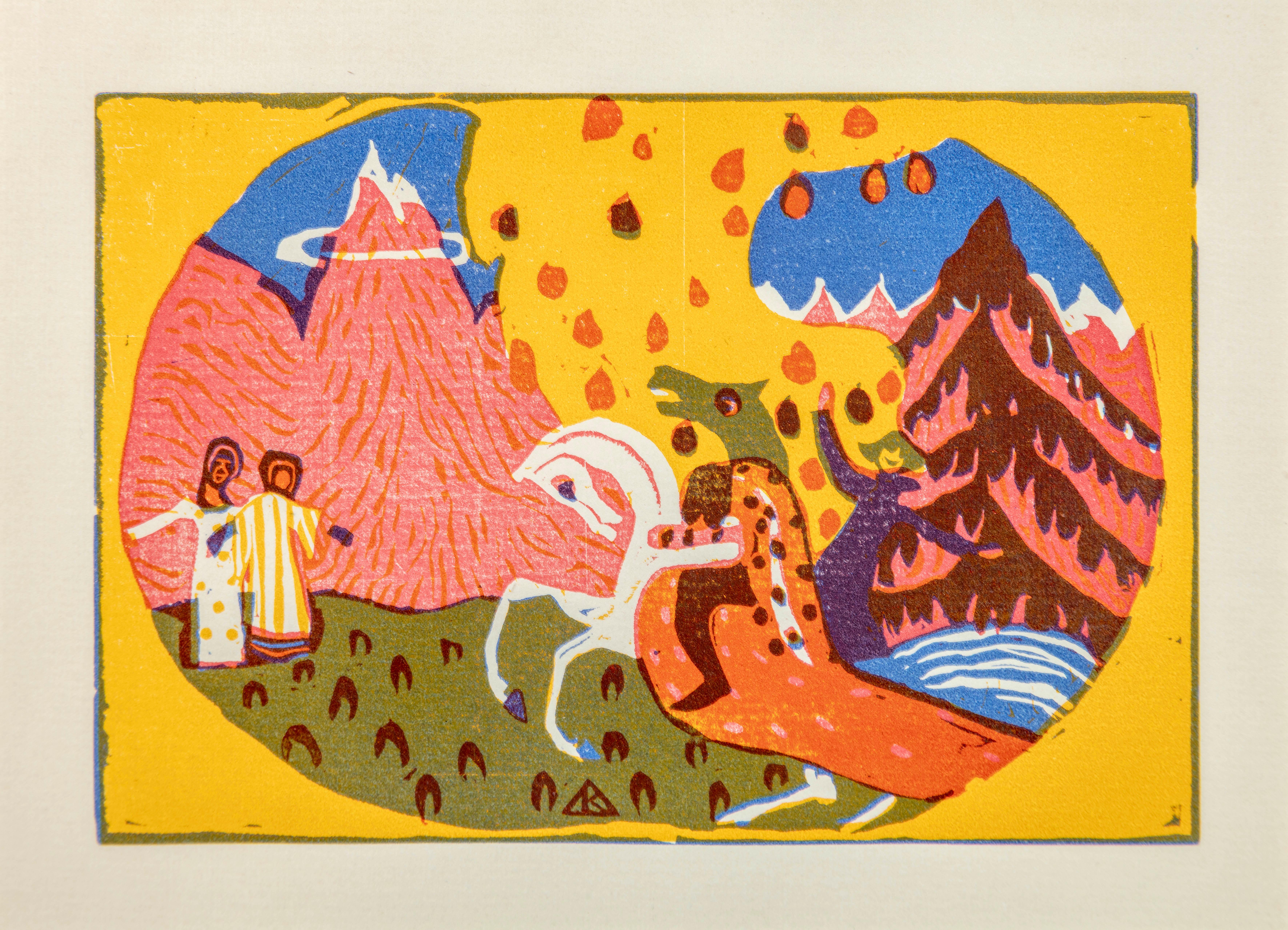 Klänge: «Montañas», grabado en madera, estilo abstracto, enmarcado, circa 1910-1919