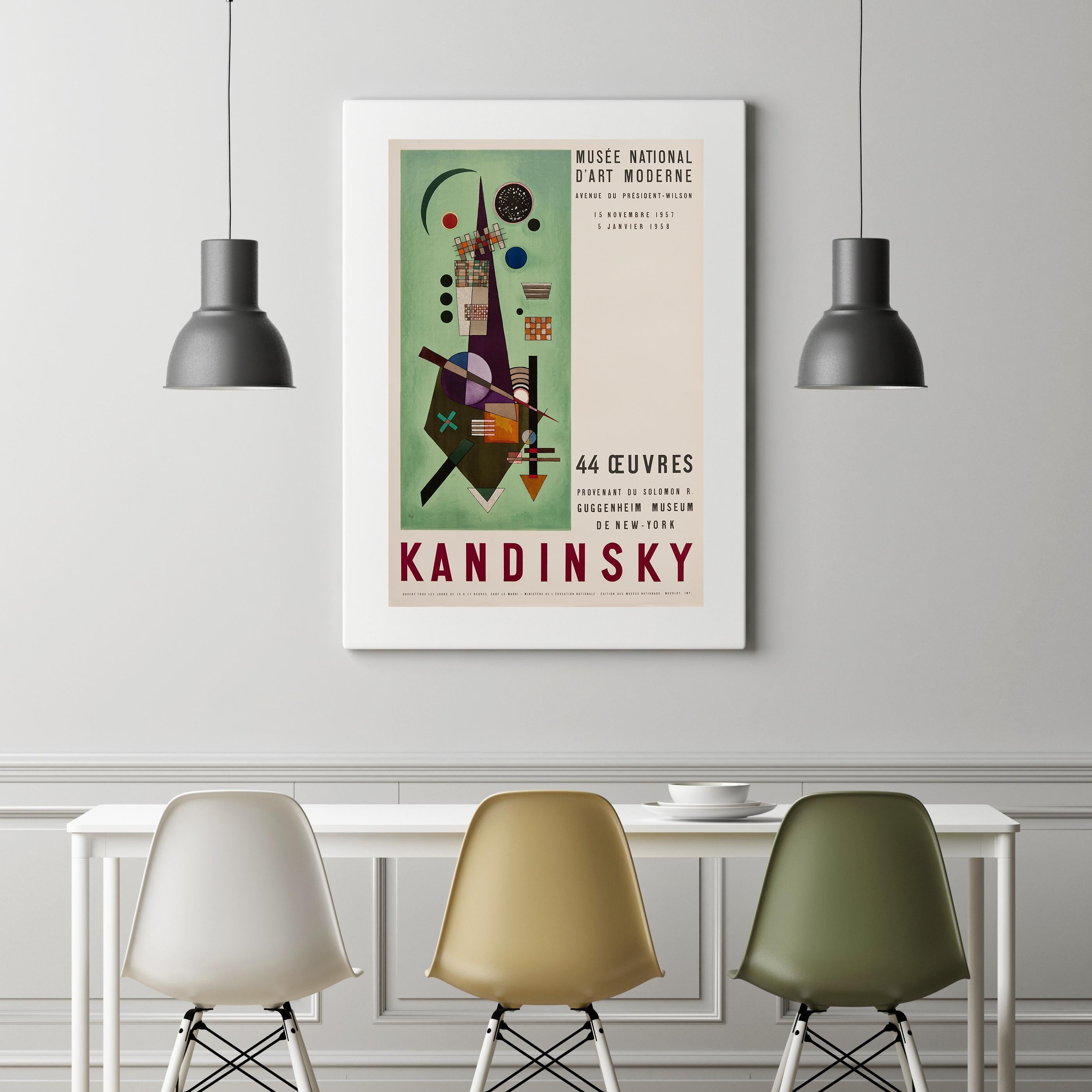This rare lithographic poster was printed in 1957 at the Atelier Mourlot in Paris. It was created to promote an exhibition of artworks by Kandinsky, on loan from the Guggenheim Museum to the National Museum of Modern in Paris. 

Certificate of
