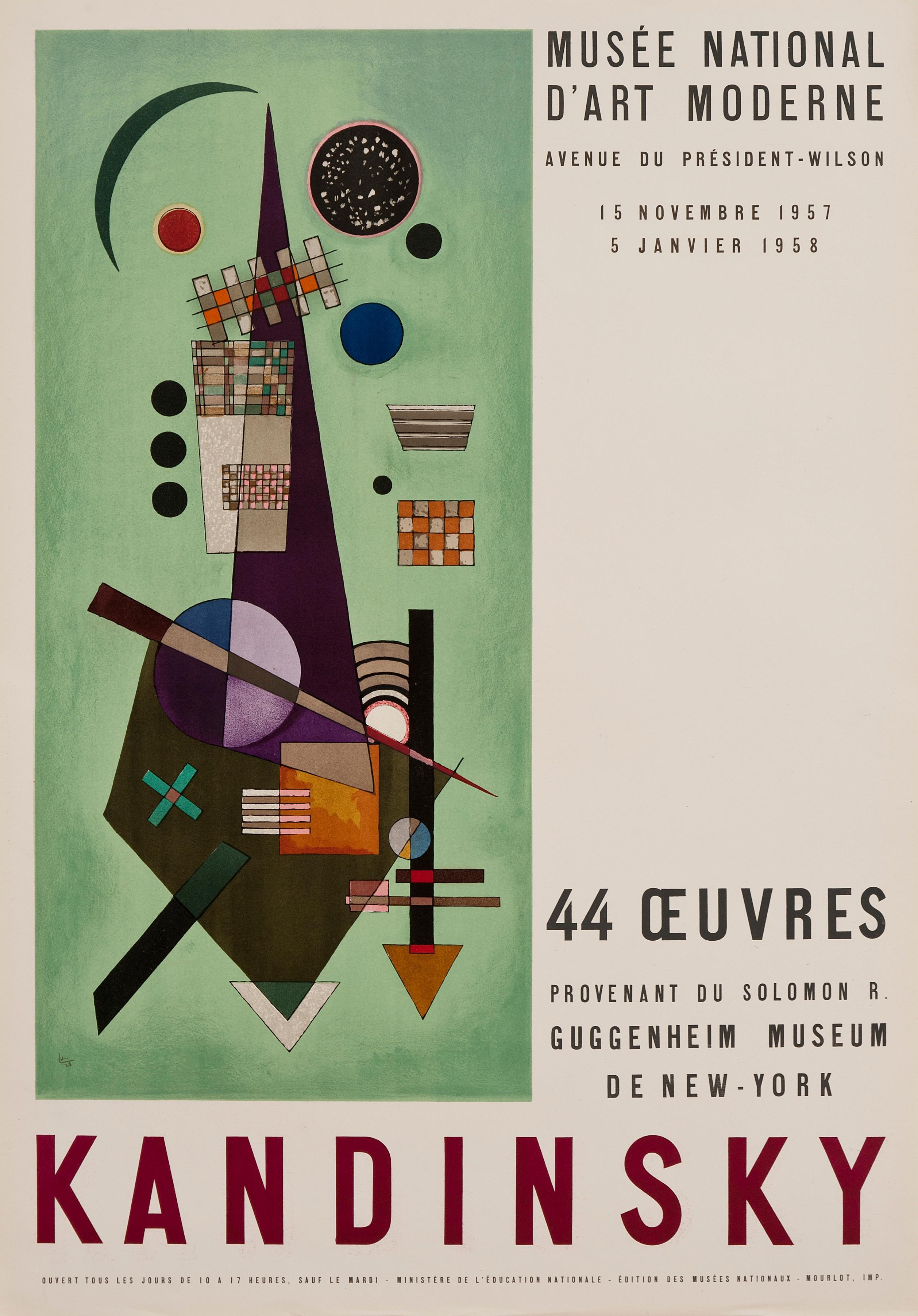 Cette rare affiche lithographique a été imprimée en 1957 à l'Atelier Mourlot à Paris. Il a été créé pour promouvoir une exposition d'œuvres d'art de Kandinsky, prêtées par le musée Guggenheim au musée national moderne de Paris. 

Certificat de