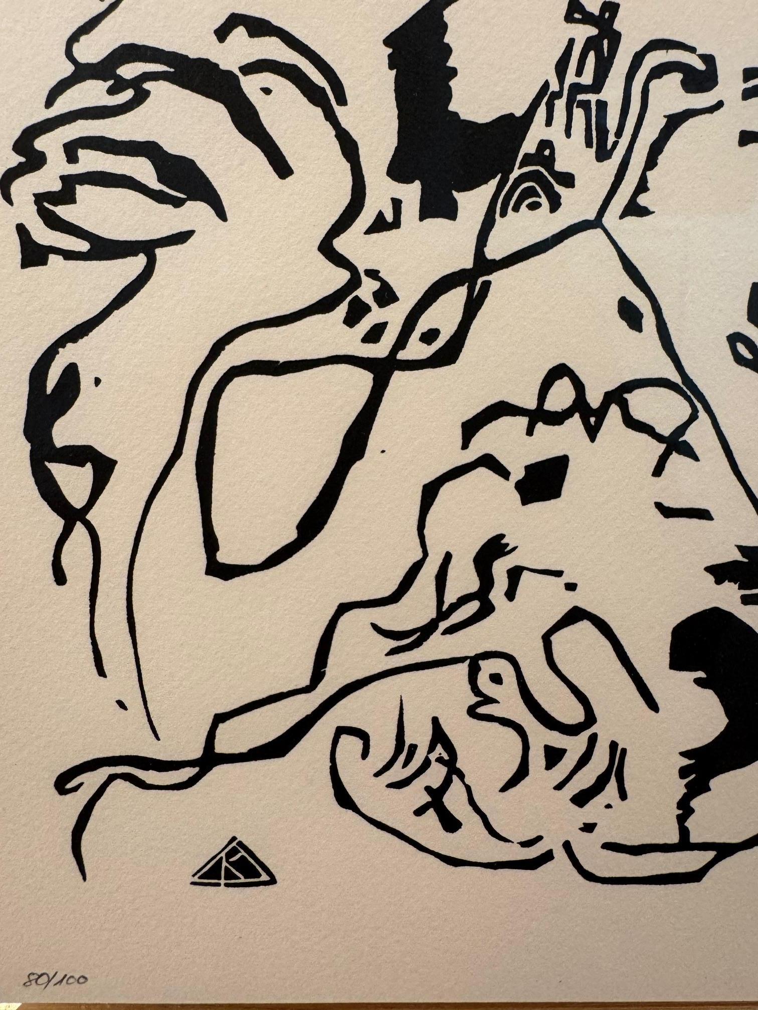 Regards sur le passé -Kandinsky original wood engraving abstract expressionist For Sale 1