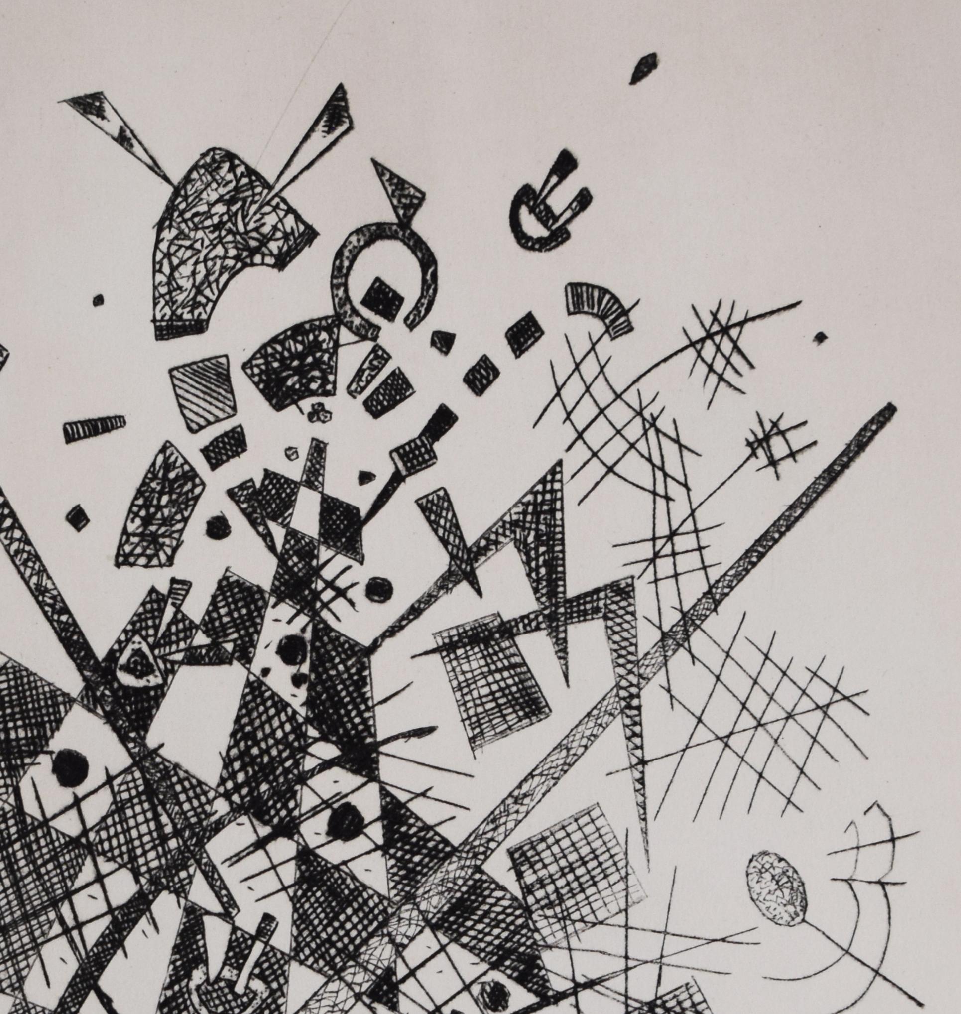 This original drypoint is hand signed in pencil by the artist “Kandinsky” at the lower right margin.
It is also monogrammed and dated in the plate “VK 22” at the lower left image.
It is the ninth of the twelve plates from Kandinsky’s seminal