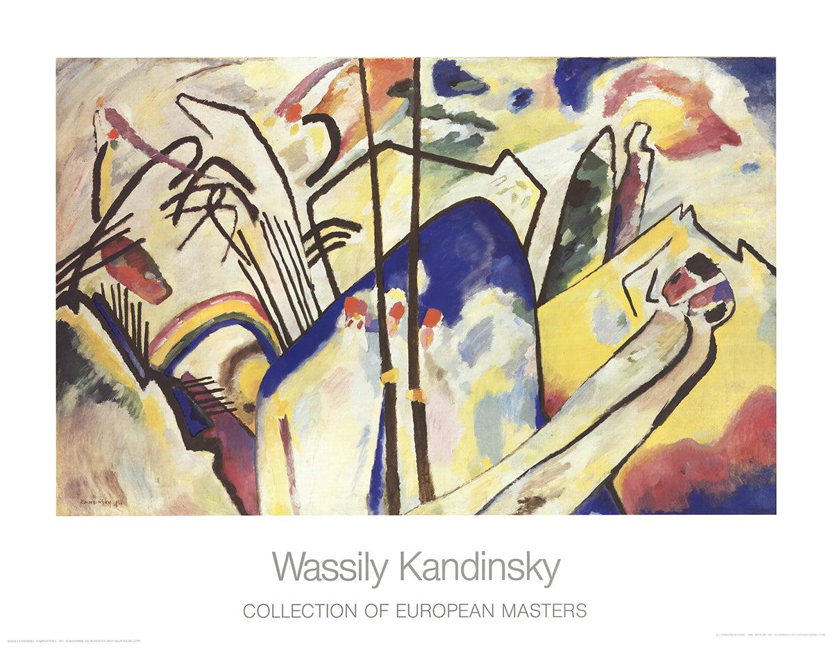 Ésta es una rara reproducción de un cartel de exposición de la "Composición IV" de Wassily Kandinsky, una de las obras más emblemáticas del arte abstracto primitivo. Pintada originalmente en 1911, esta obra es célebre por su vibrante interacción de