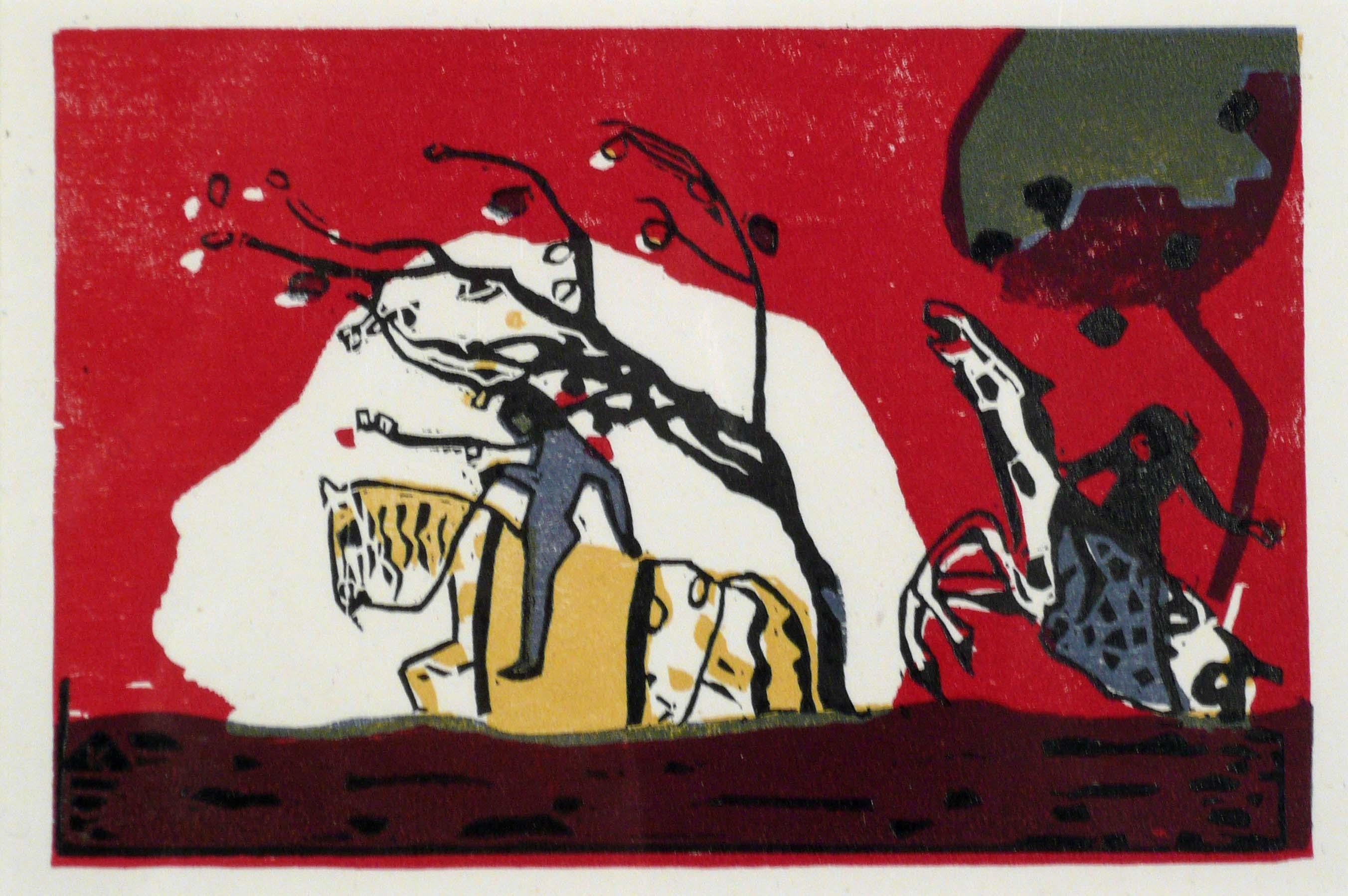 Wassily Kandinsky Abstract Print - ZWEI REITER VOR ROT (TWO RIDERS AGAINST A RED BACKGROUND)