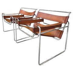 Wassily Leather & Chrome Lounge Chairs by Marcel Breuer, a Pair