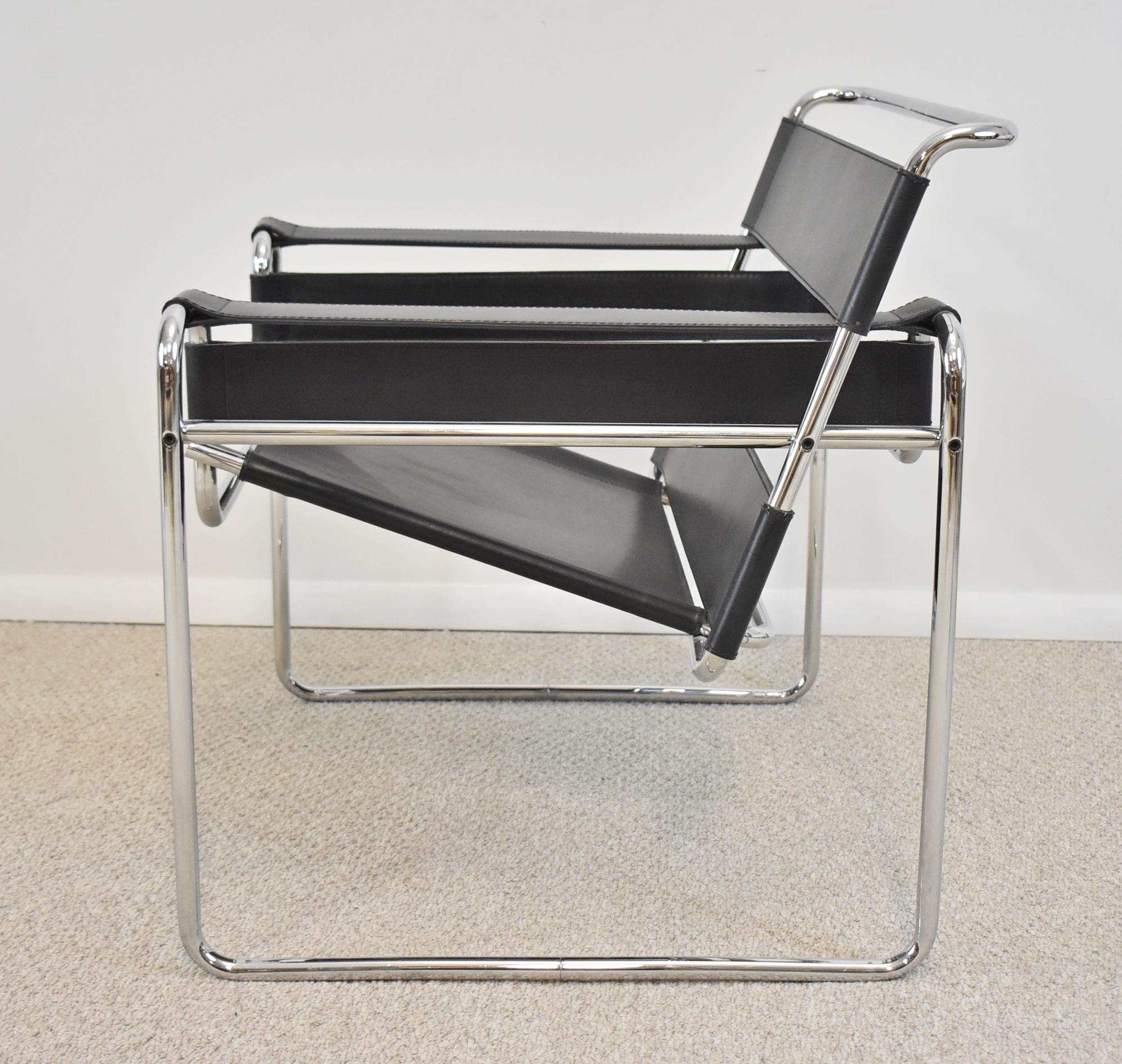 Wassily style chair by Marcel Breuer - Knoll Studio - Black leather/chrome sling armchair. The Wassily Chair, also known as the Model B3 chair, was designed by Marcel Breuer in 1925–1926 while he was the head of the cabinet-making workshop at the