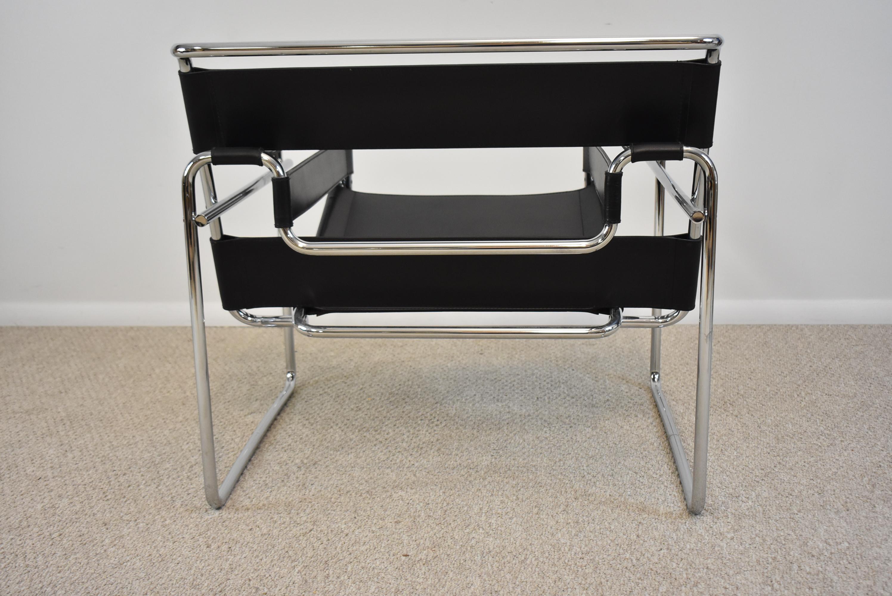 Expressionist Wassily Style Chair by Marcel Breuer-Knoll Studio- Black Leather/Chrome Armchair