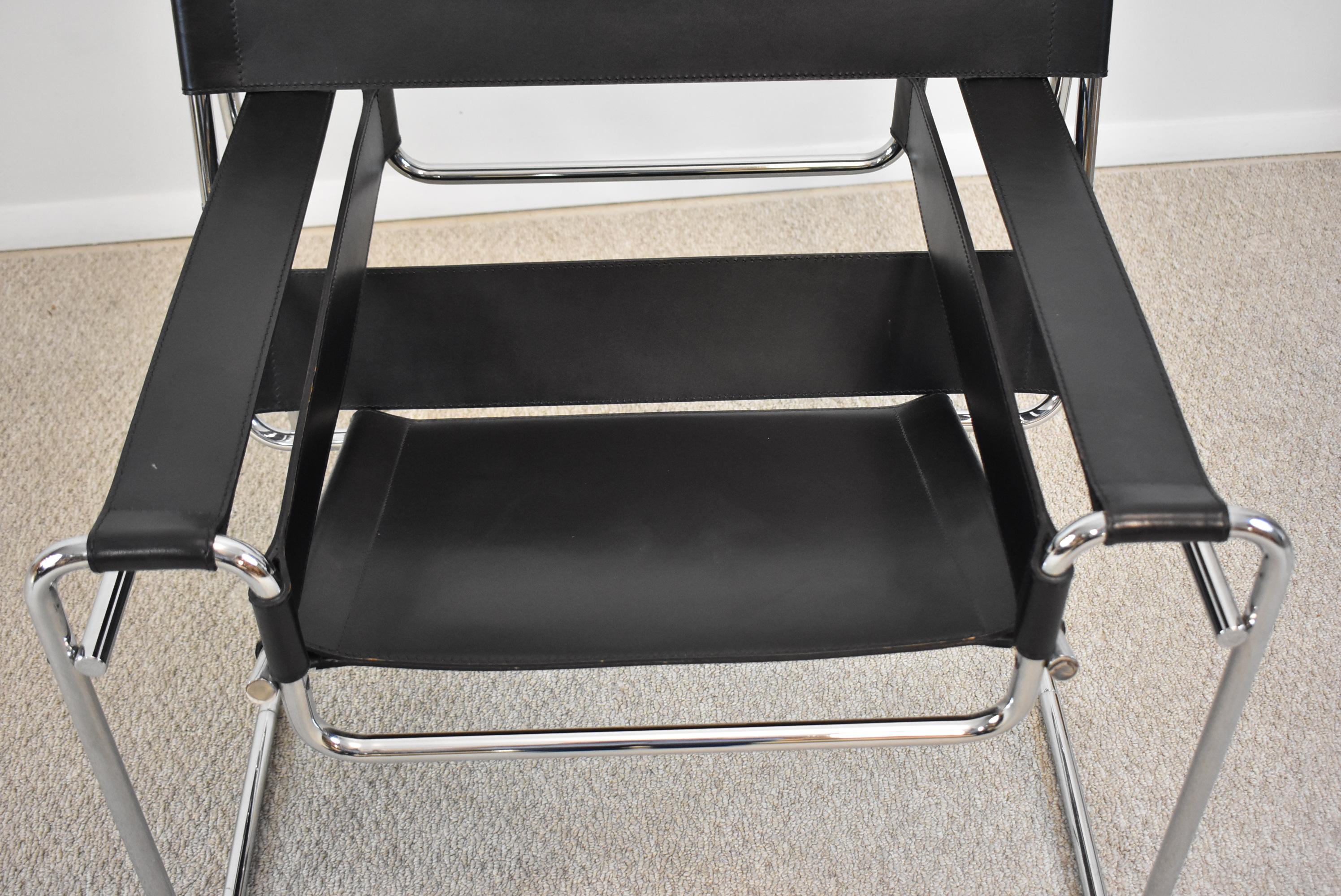 German Wassily Style Chair by Marcel Breuer-Knoll Studio- Black Leather/Chrome Armchair