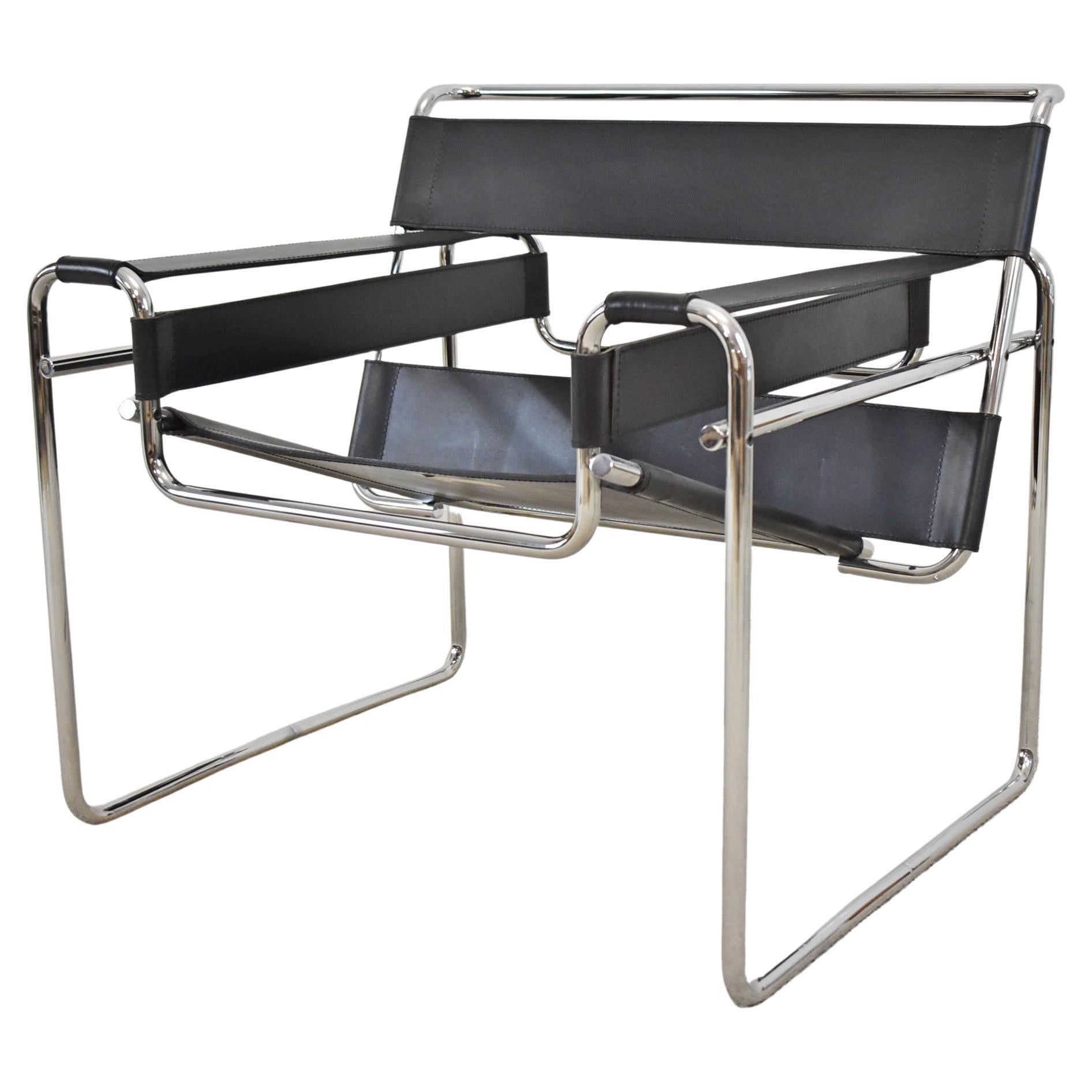 Wassily Style Chair by Marcel Breuer-Knoll Studio- Black Leather/Chrome Armchair