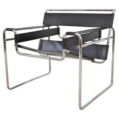 Vintage Wassily Style Chair by Marcel Breuer-Knoll Studio- Black Leather/Chrome Armchair