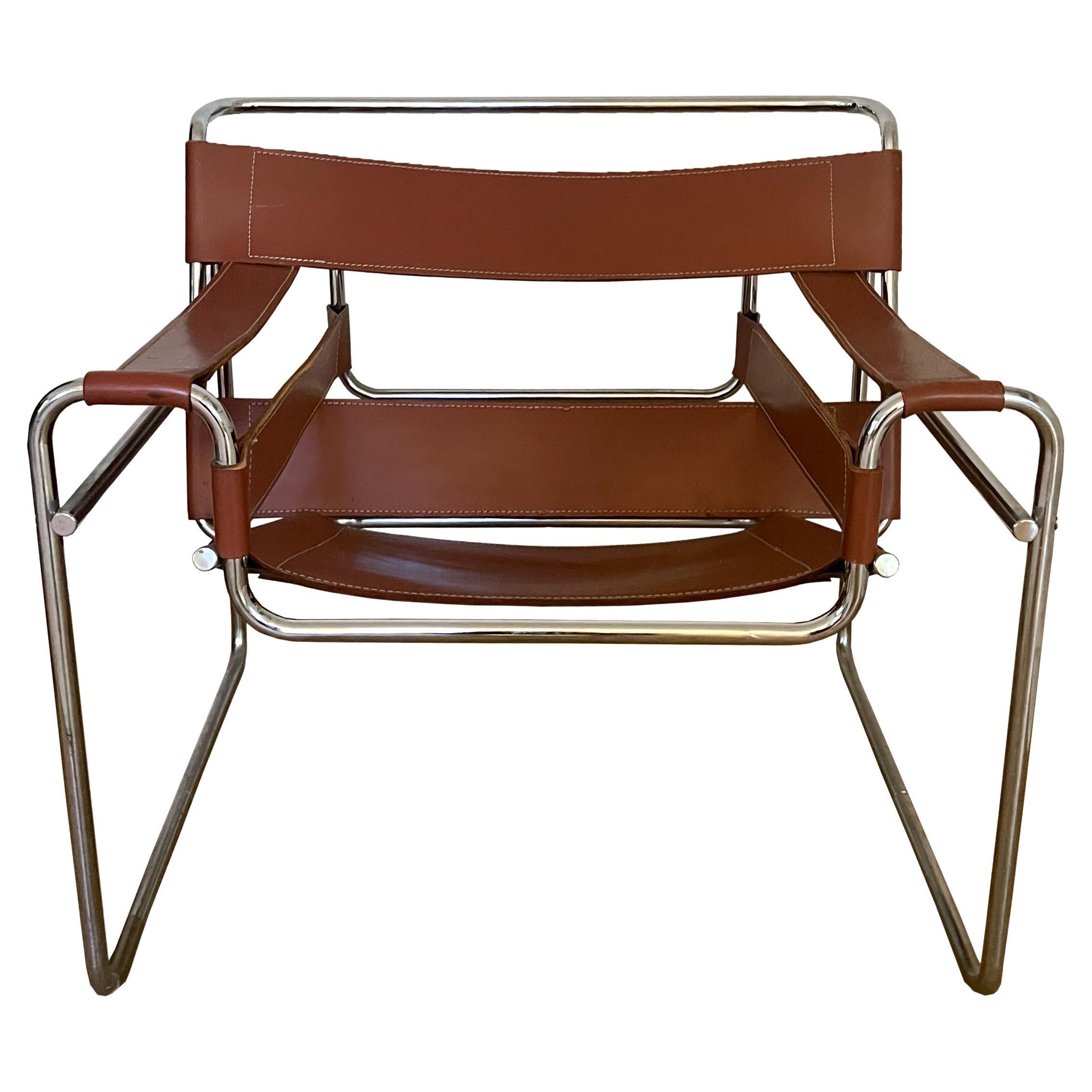 Wassily Style Chair by Marcel Breuer-Knoll Studio, Brown Leather/Chrome Armchair