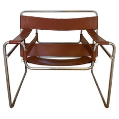 Wassily Style Chair by Marcel Breuer-Knoll Studio, Brown Leather/Chrome Armchair