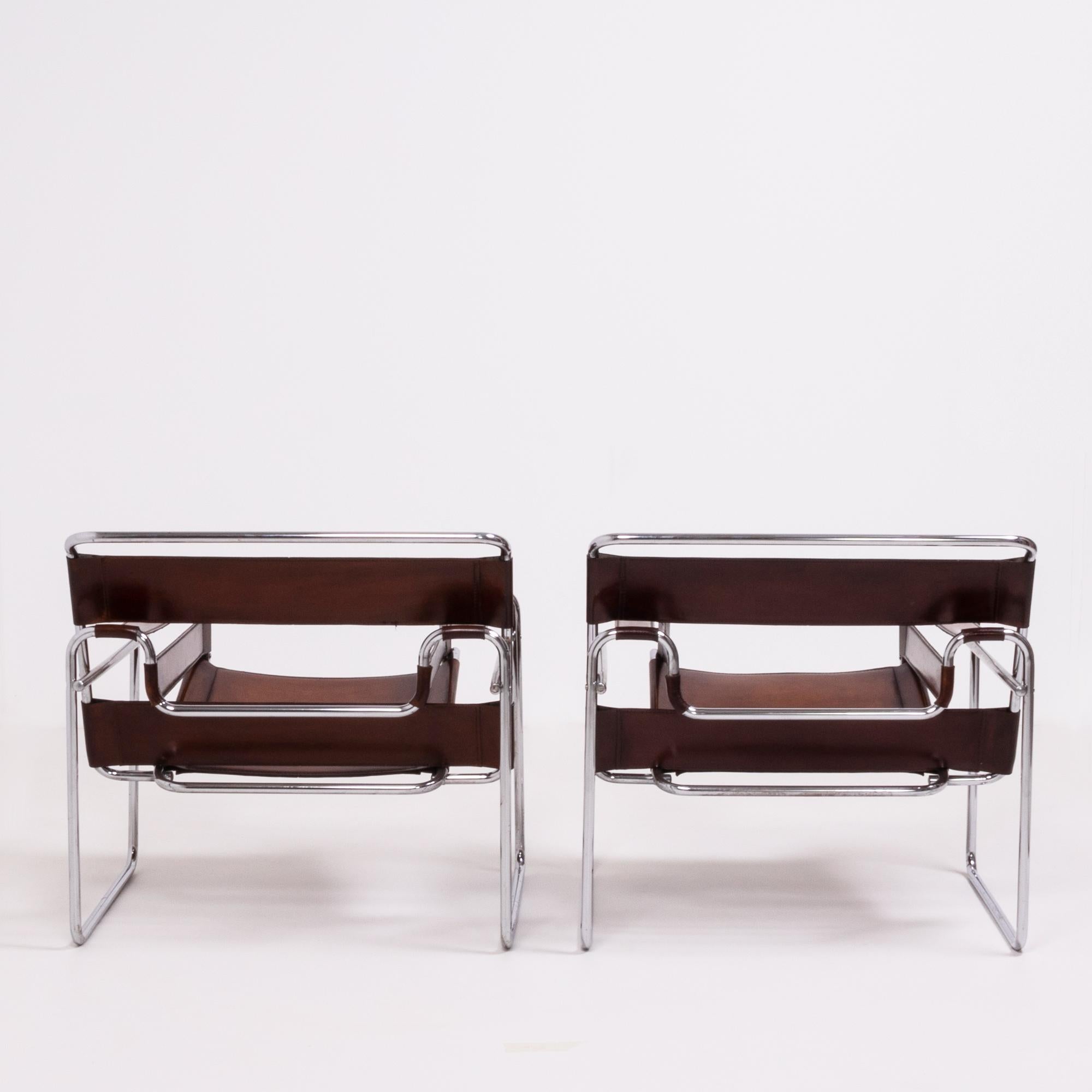 Bauhaus Wassily Style Tan Leather and Chrome Chairs, 1960s, Set of 2