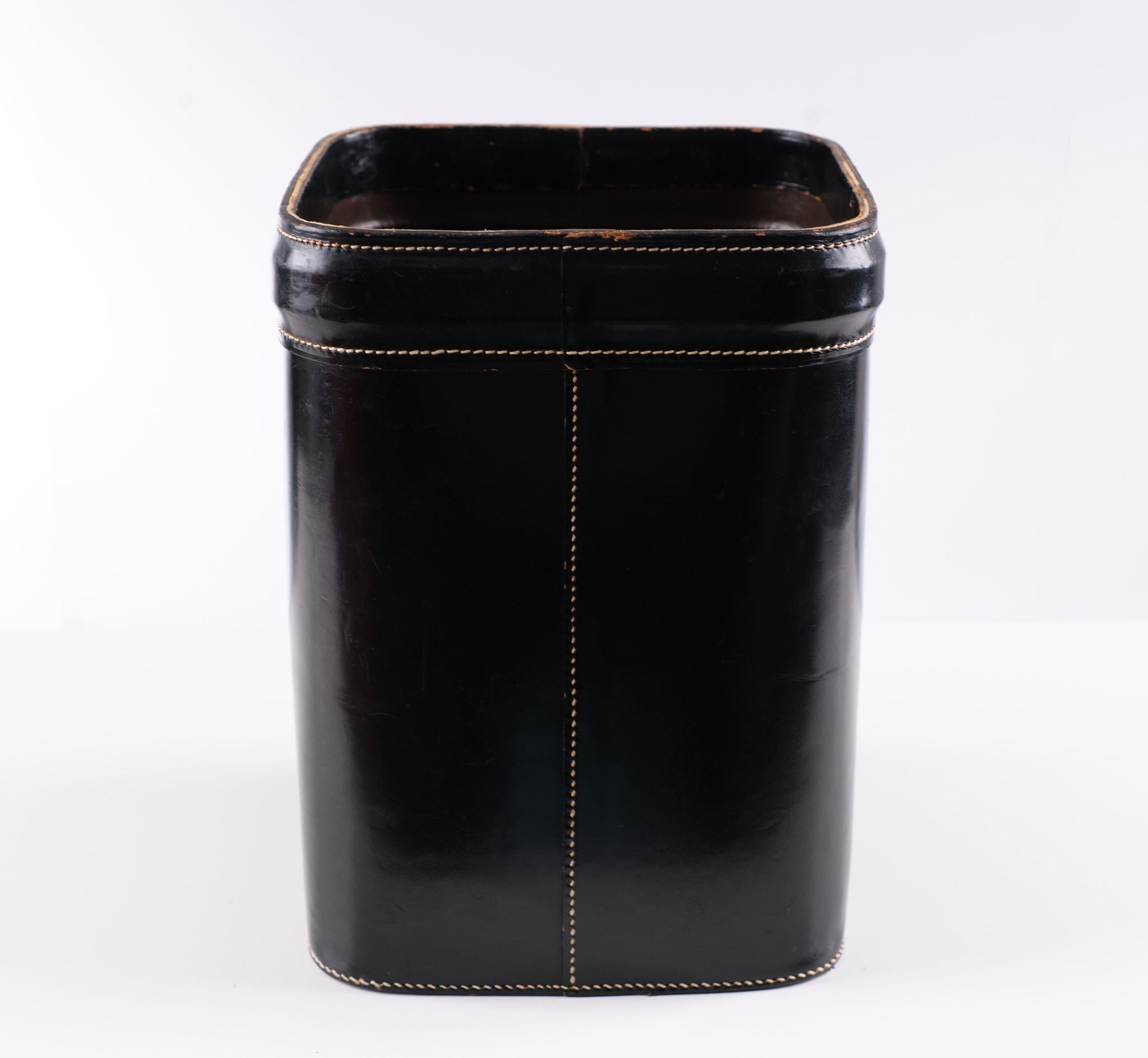 Waste Basket Black Stich Leather 1950s France  In Good Condition In Den Haag, NL