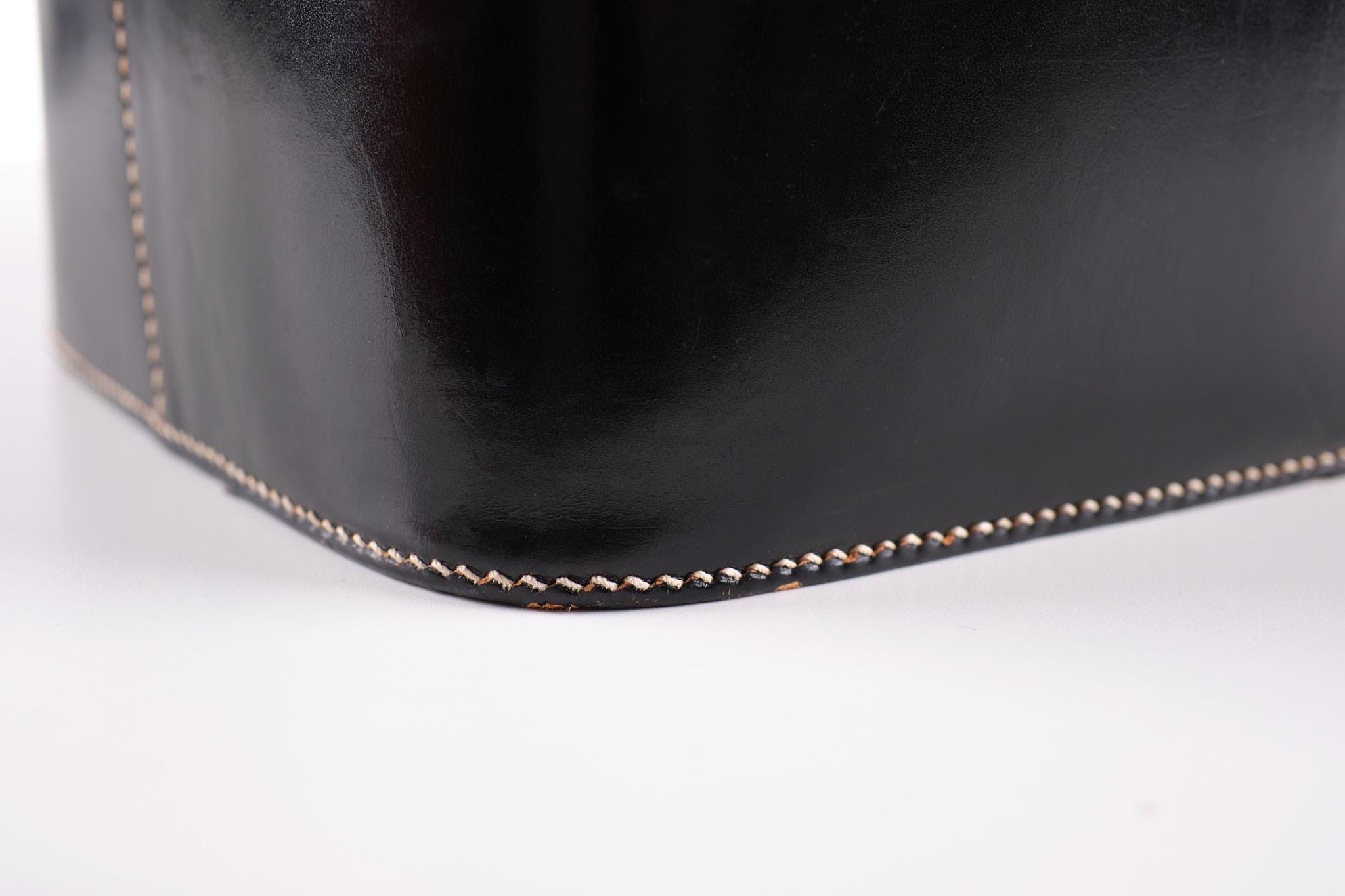 Mid-20th Century Waste Basket Black Stich Leather 1950s France 