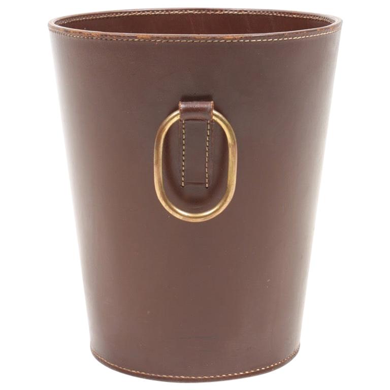 Waste Bin in Patinated Leather and Brass. Made for Illums Bolighus, 1950s For Sale