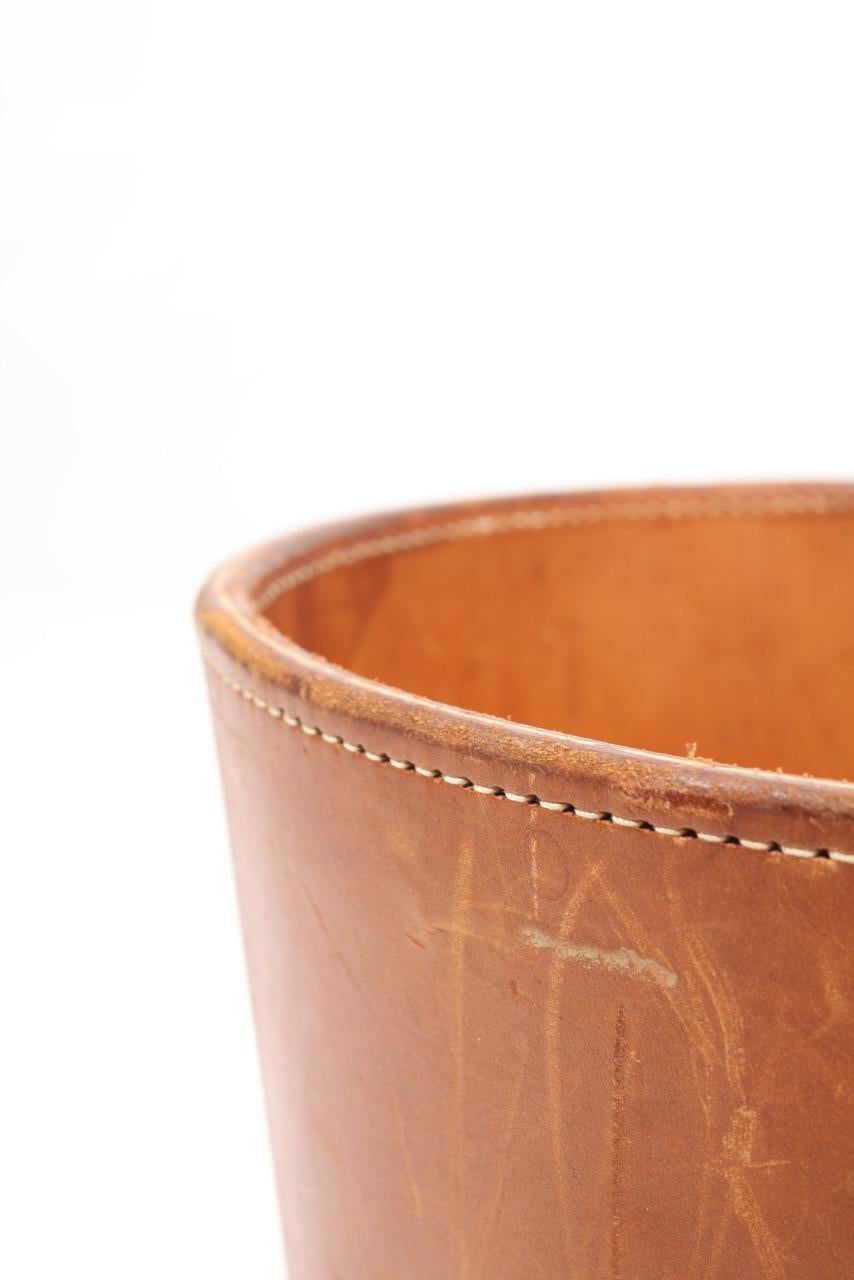 Danish Waste Bin in Patinated Leather, Illums Bolighus, 1950s, Dainsh Midcentury For Sale