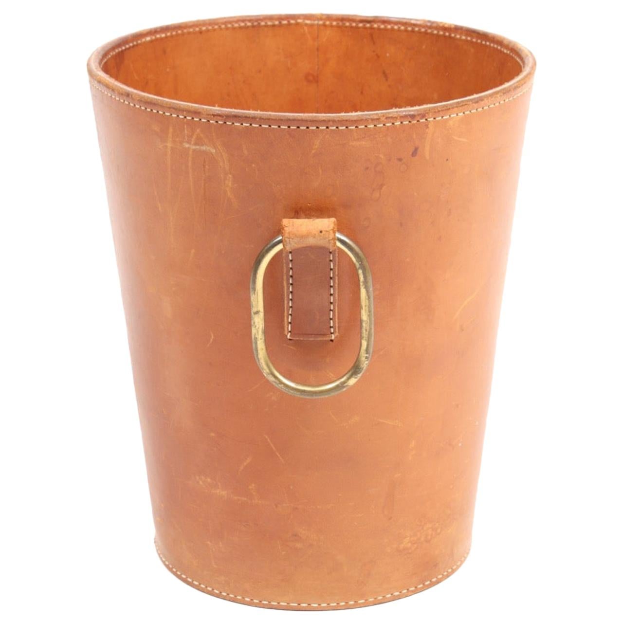 Waste Bin in Patinated Leather, Illums Bolighus, 1950s, Dainsh Midcentury For Sale