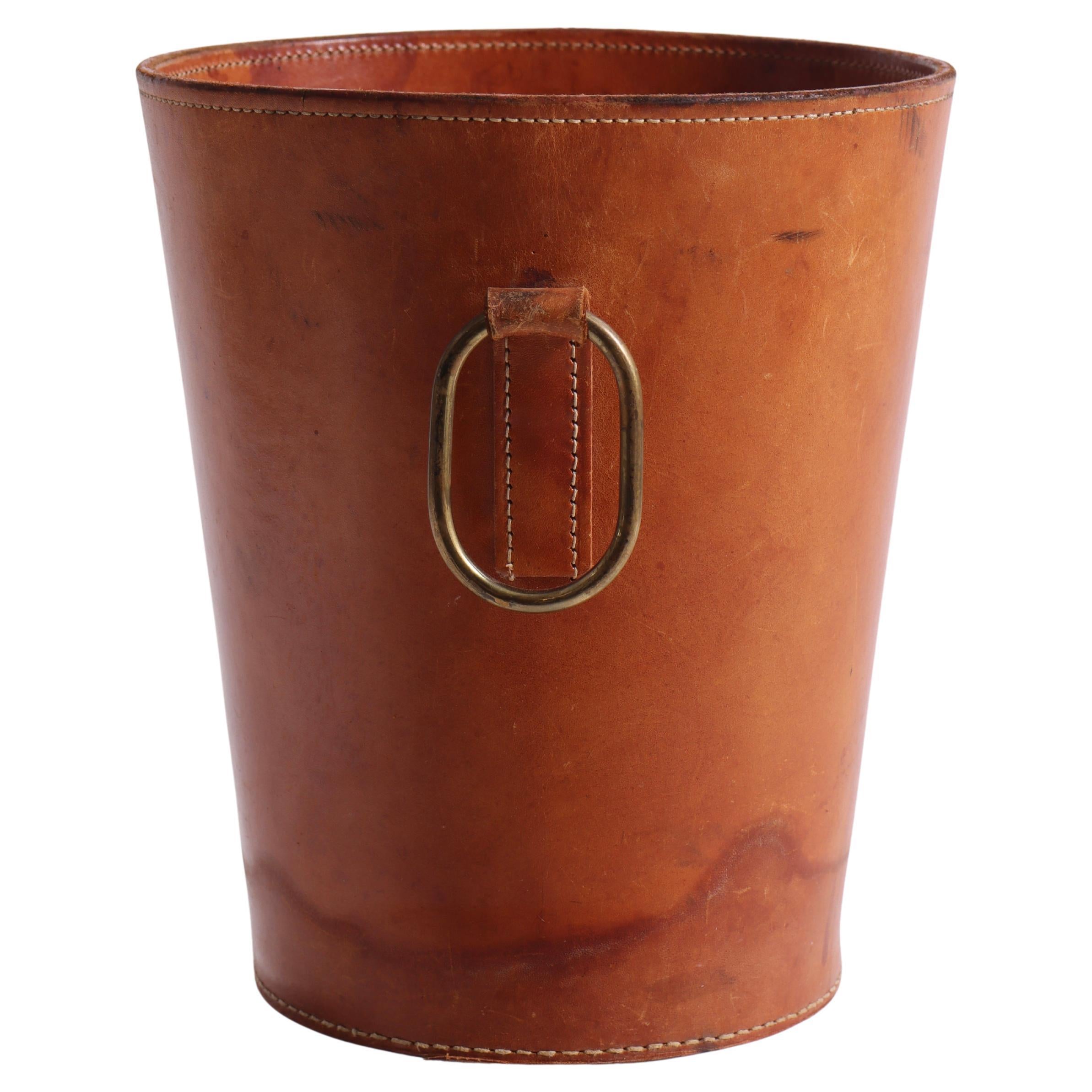 Waste Bin in Patinated Leather, Illums Bolighus, 1950s, Dainsh Midcentury