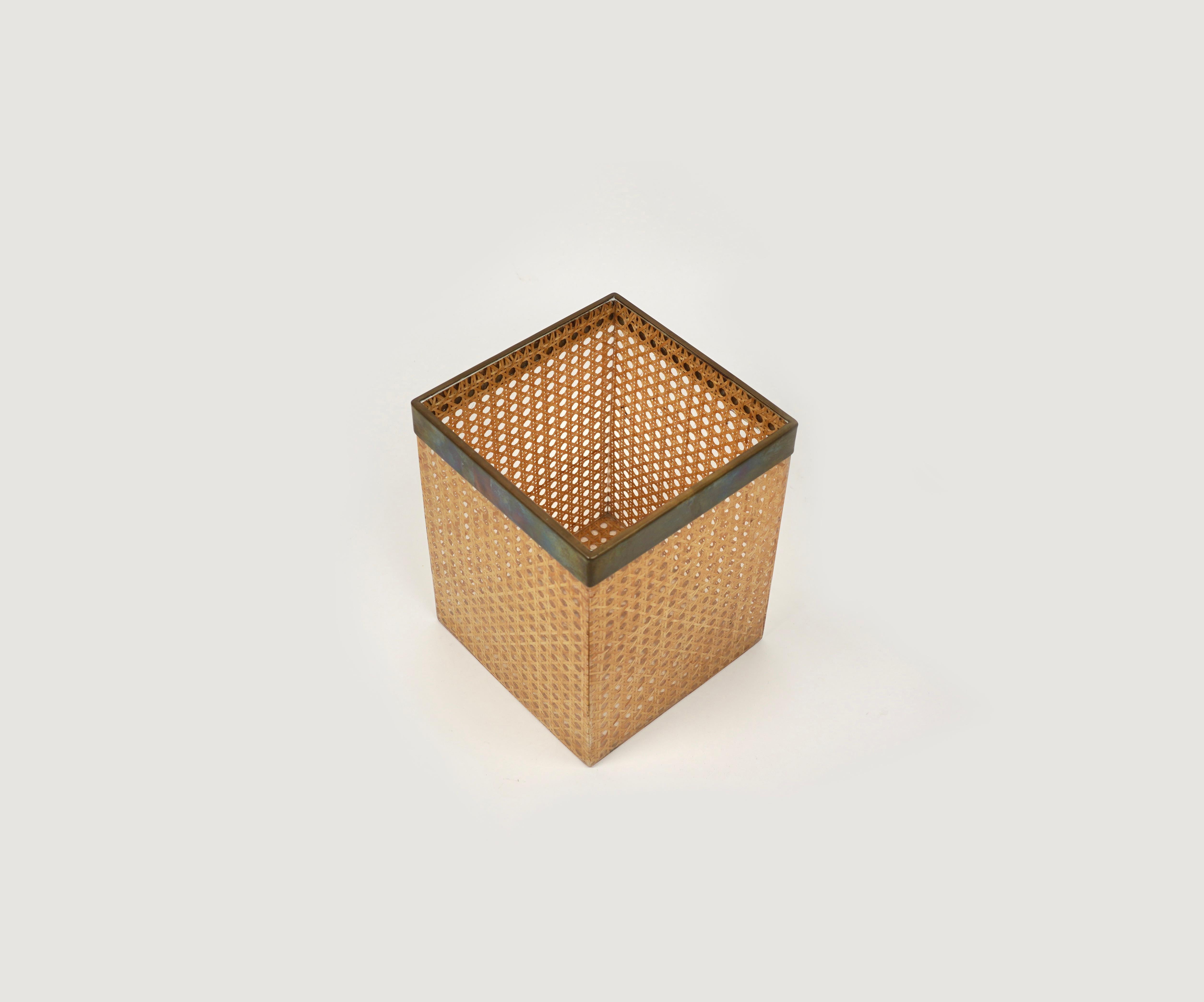 Mid-Century Modern Waste Paper Basket Lucite, Rattan and Brass Christian Dior Style, Italy 1970s
