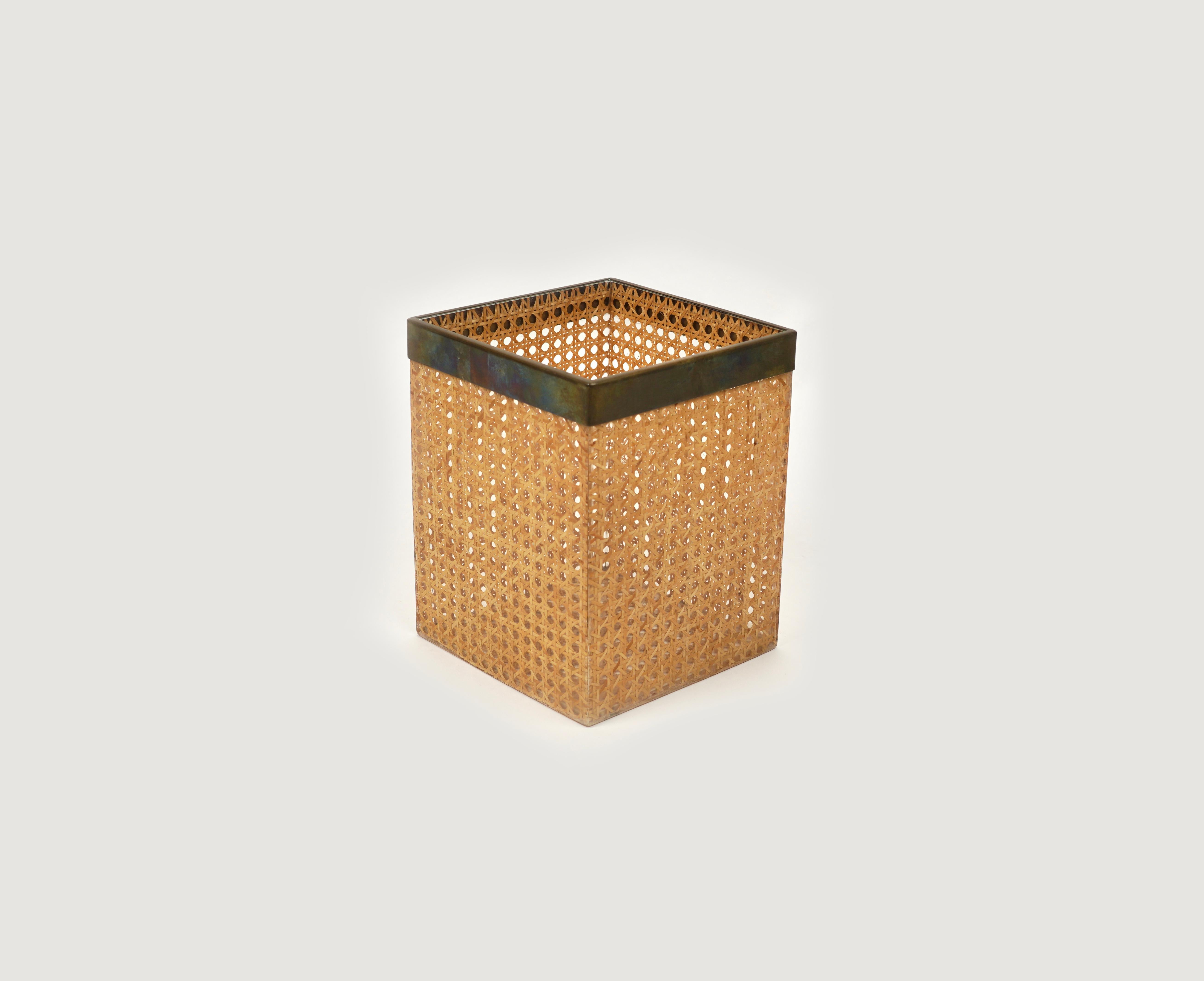 Italian Waste Paper Basket Lucite, Rattan and Brass Christian Dior Style, Italy 1970s