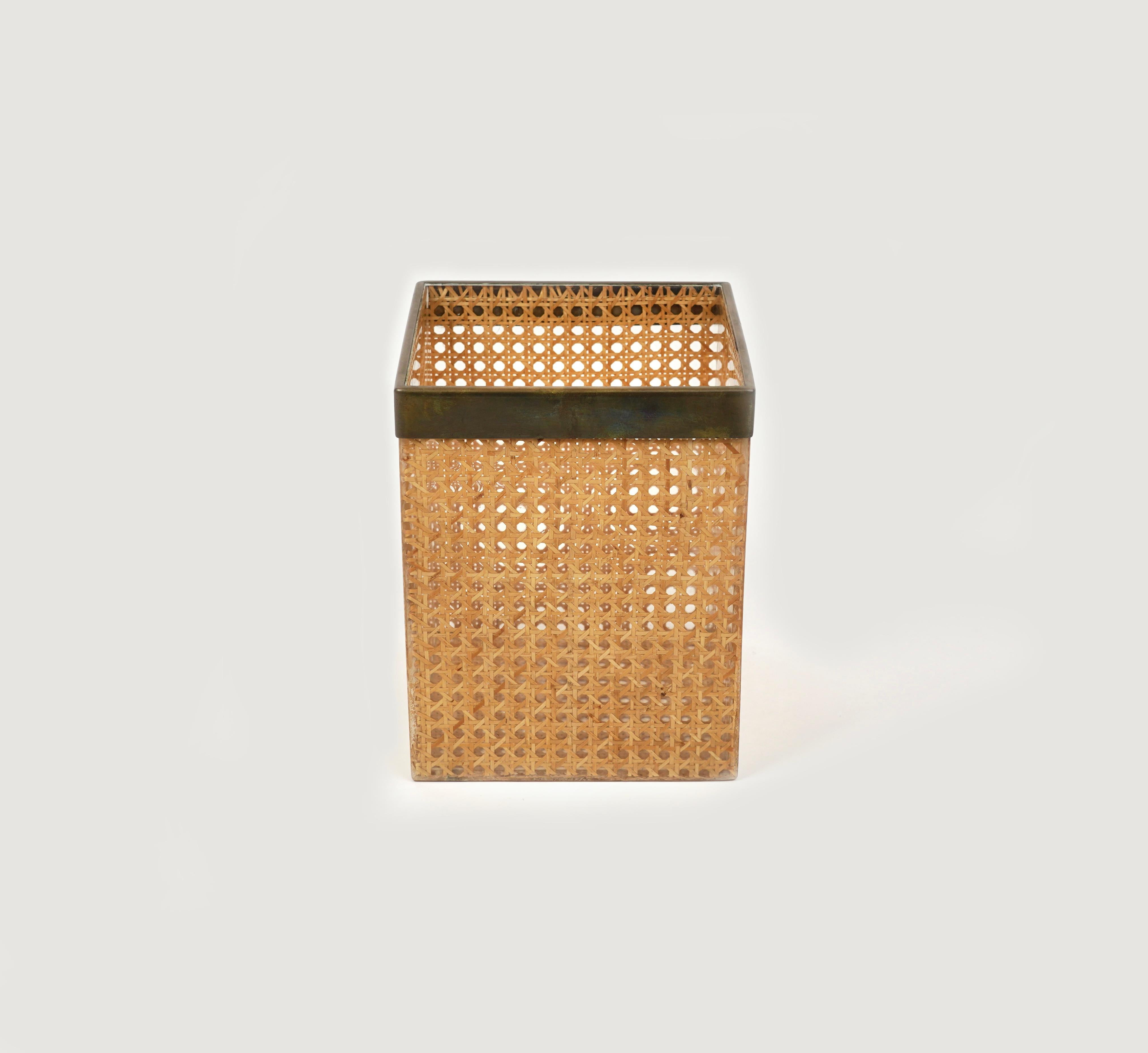 Waste Paper Basket Lucite, Rattan and Brass Christian Dior Style, Italy 1970s In Good Condition In Rome, IT