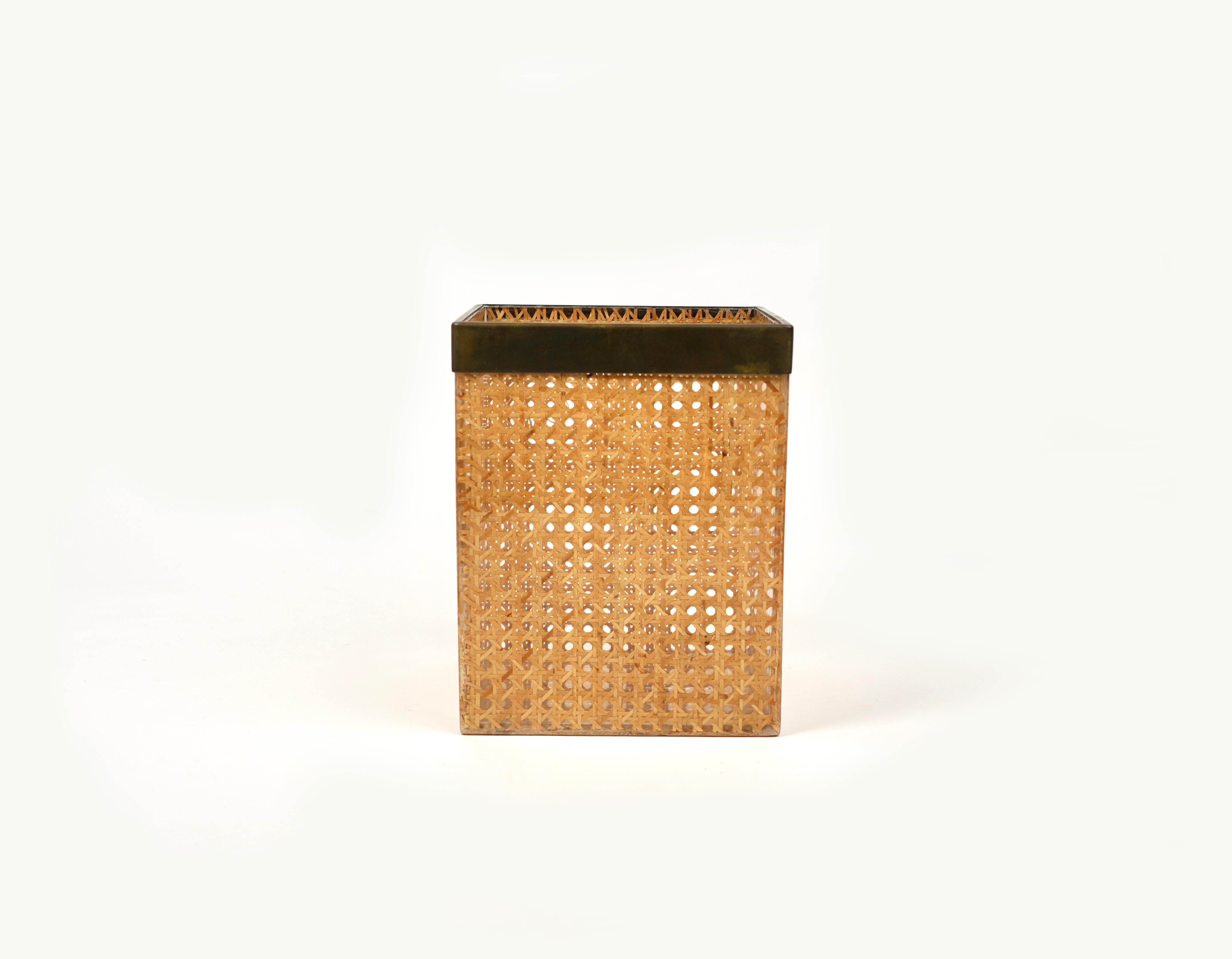 Late 20th Century Waste Paper Basket Lucite, Rattan and Brass Christian Dior Style, Italy 1970s