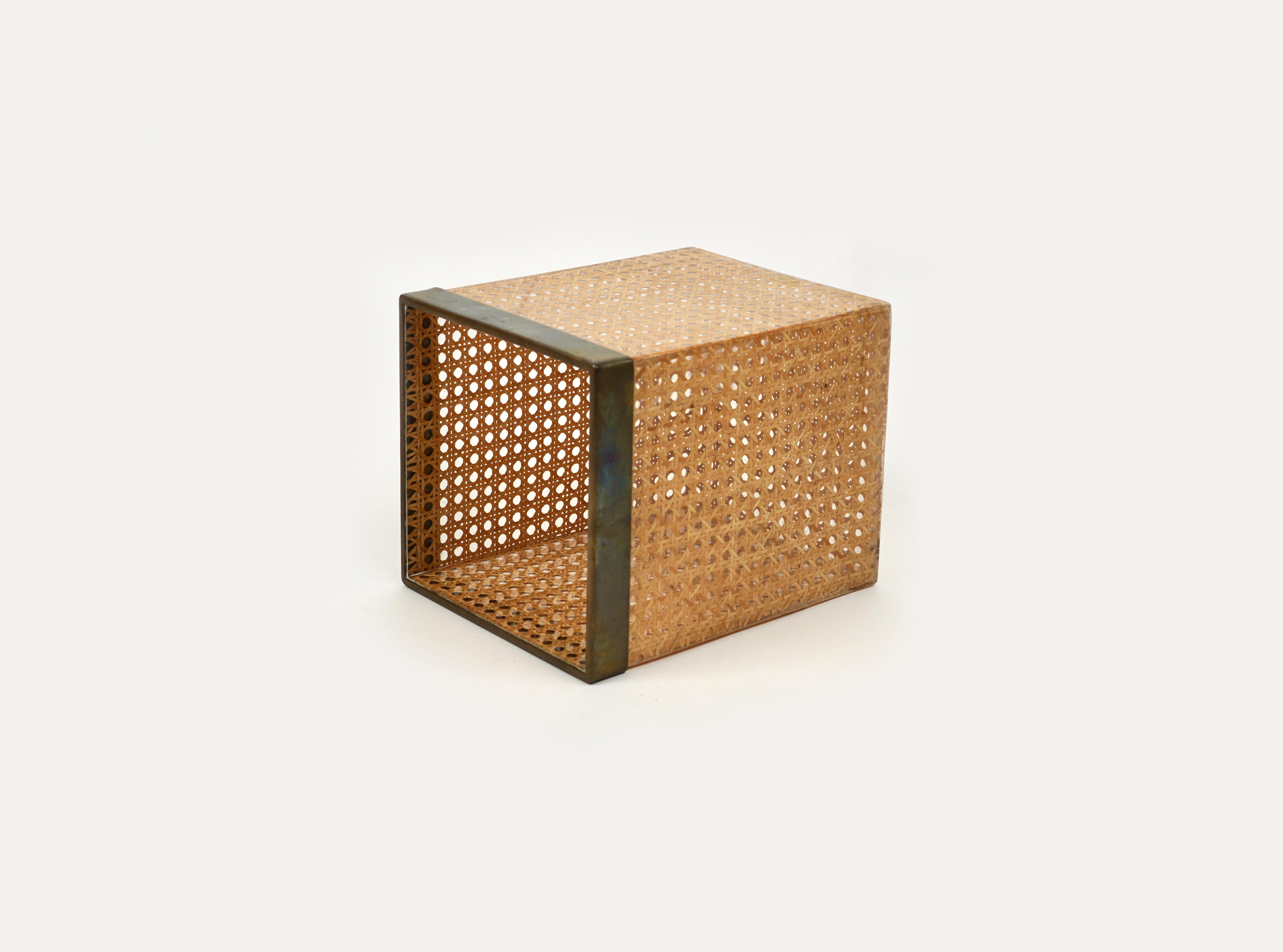 Waste Paper Basket Lucite, Rattan and Brass Christian Dior Style, Italy 1970s 1