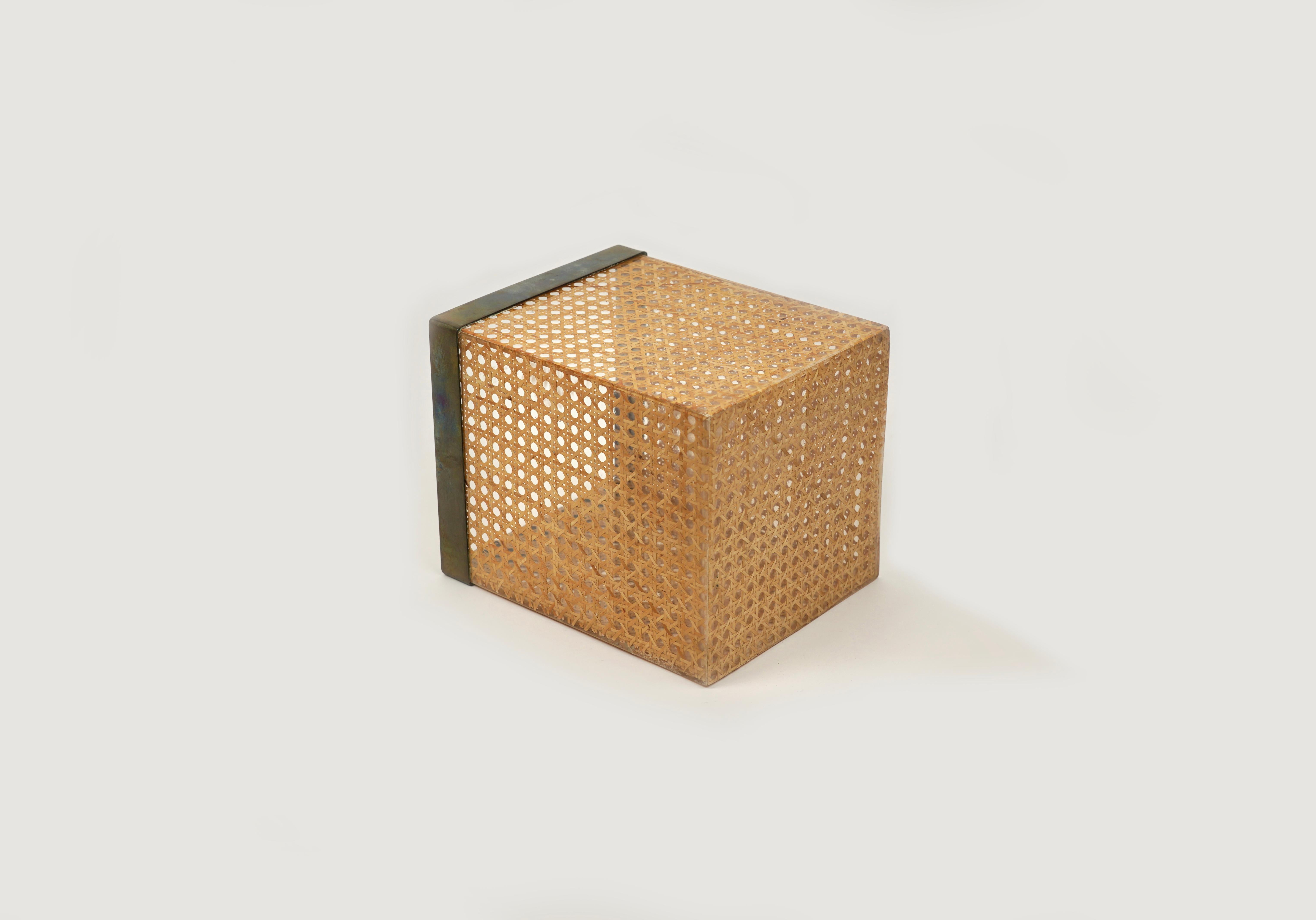 Waste Paper Basket Lucite, Rattan and Brass Christian Dior Style, Italy 1970s 2